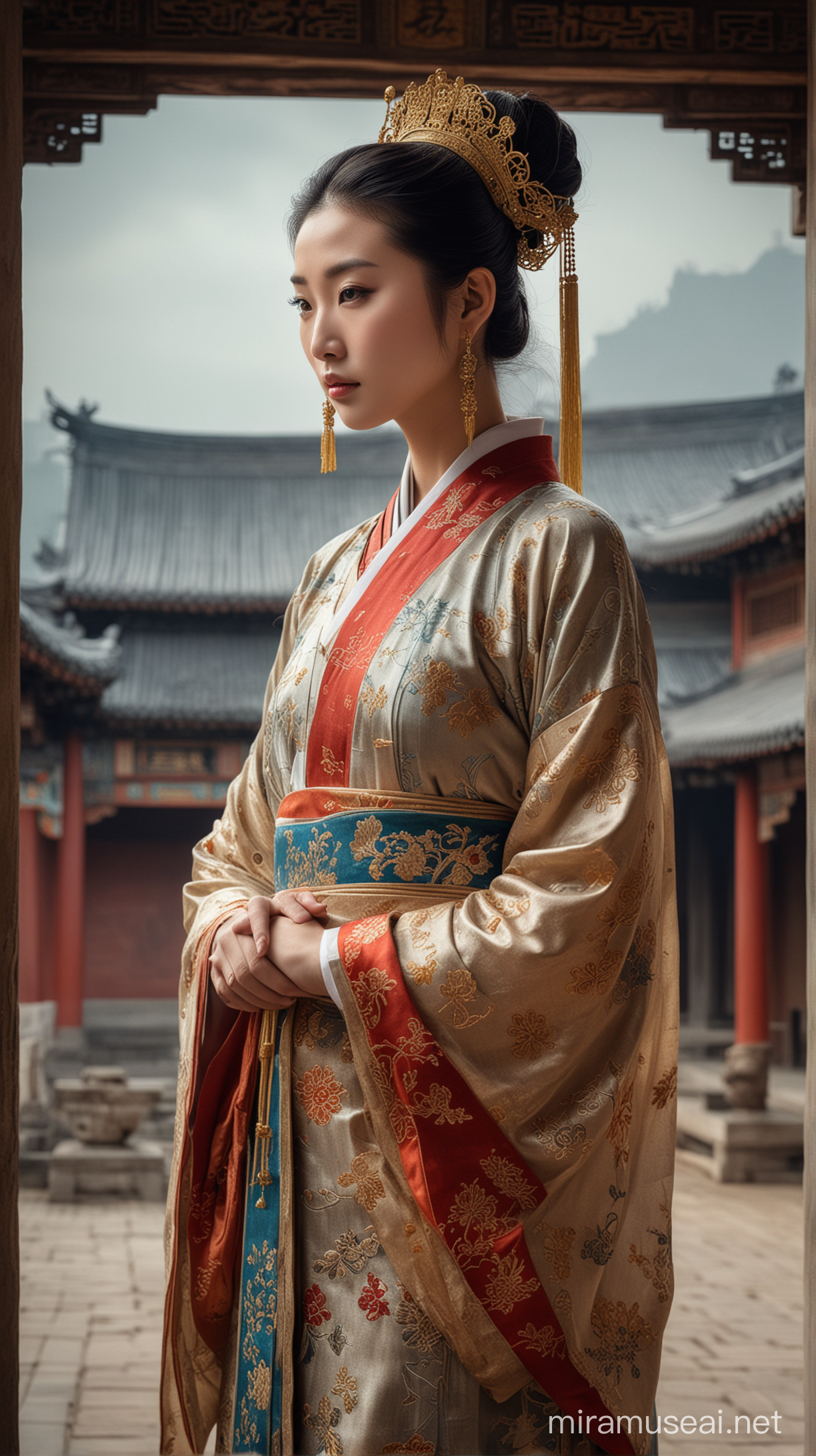 A (((beautiful ancient Chinese woman from the Sung dynasty))), dressed in elaborate ((traditional attire)), her gaze directed softly downwards amidst a (moody backdrop of ancient Chinese architecture)