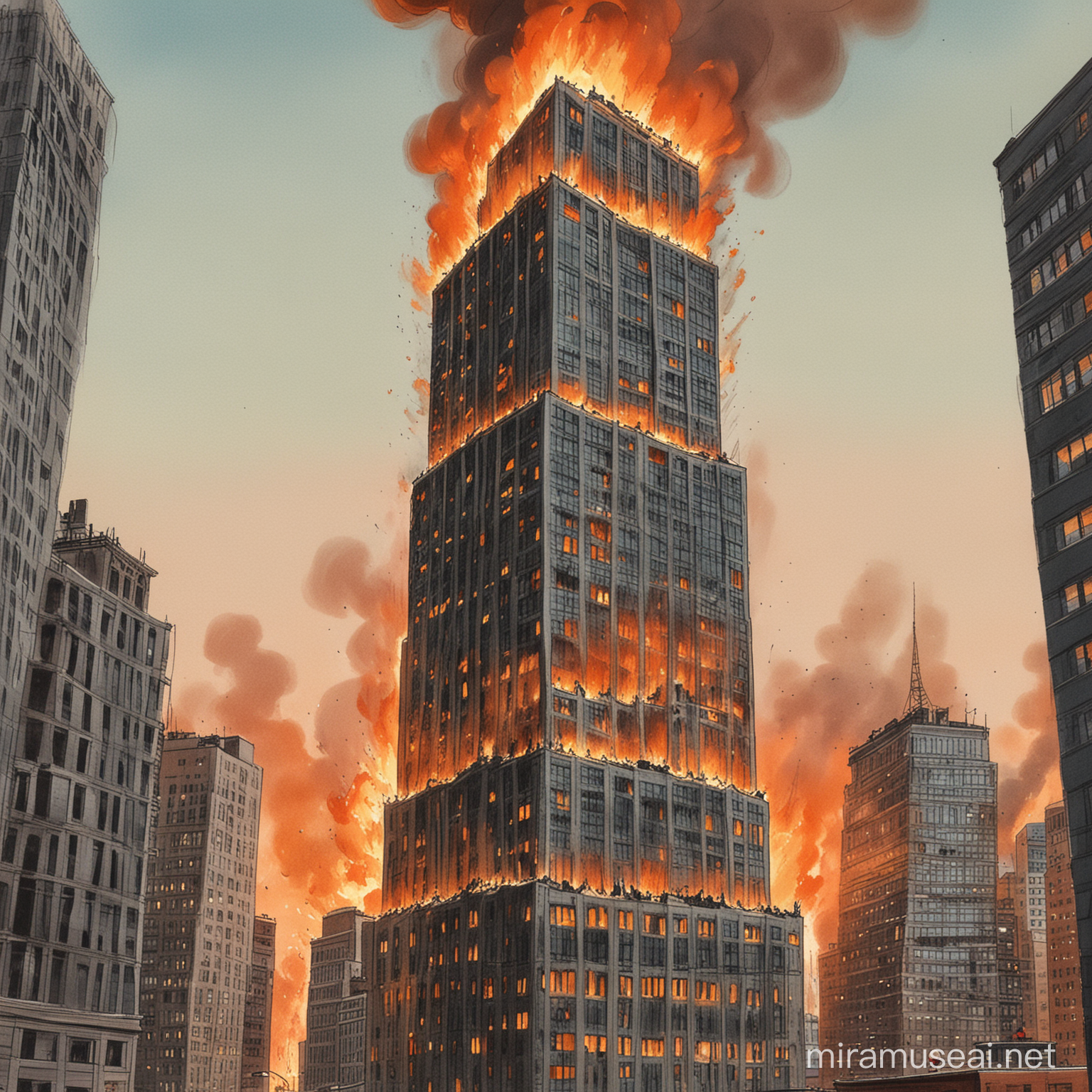 draw a cartoon image  of a super tall building in a large city with its top floor  on fire , 