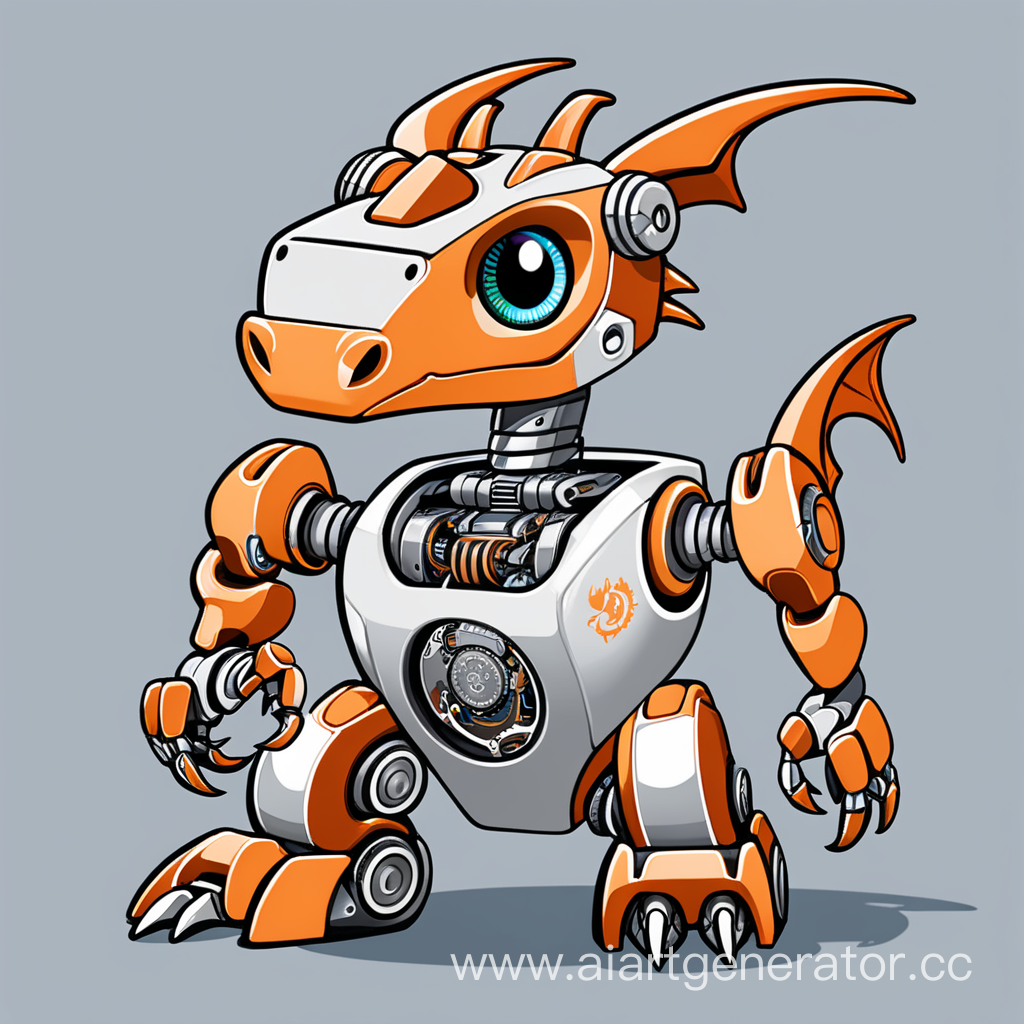 Create an illustration of a friendly and wise dragon robot for the programming and robotics training center. The dragon robot should be modern and attractive for both adults and children. It should look smart but friendly, with robotics elements such as metal parts. It should be a simple painted dragon and minimalistic. Do not use text in the image.