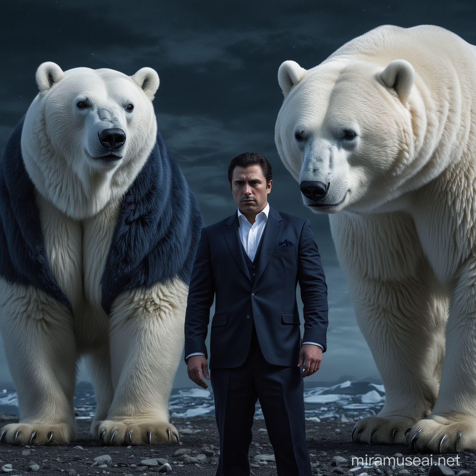 A bulked mascular man dressed in a navy blue blazer, he stands firm with a polar bear by his side in  the cold outskirts of Antarctica, he shows seriousness in his eyes, image is taken during a dark night with only blue moonlight shining over the scene, 