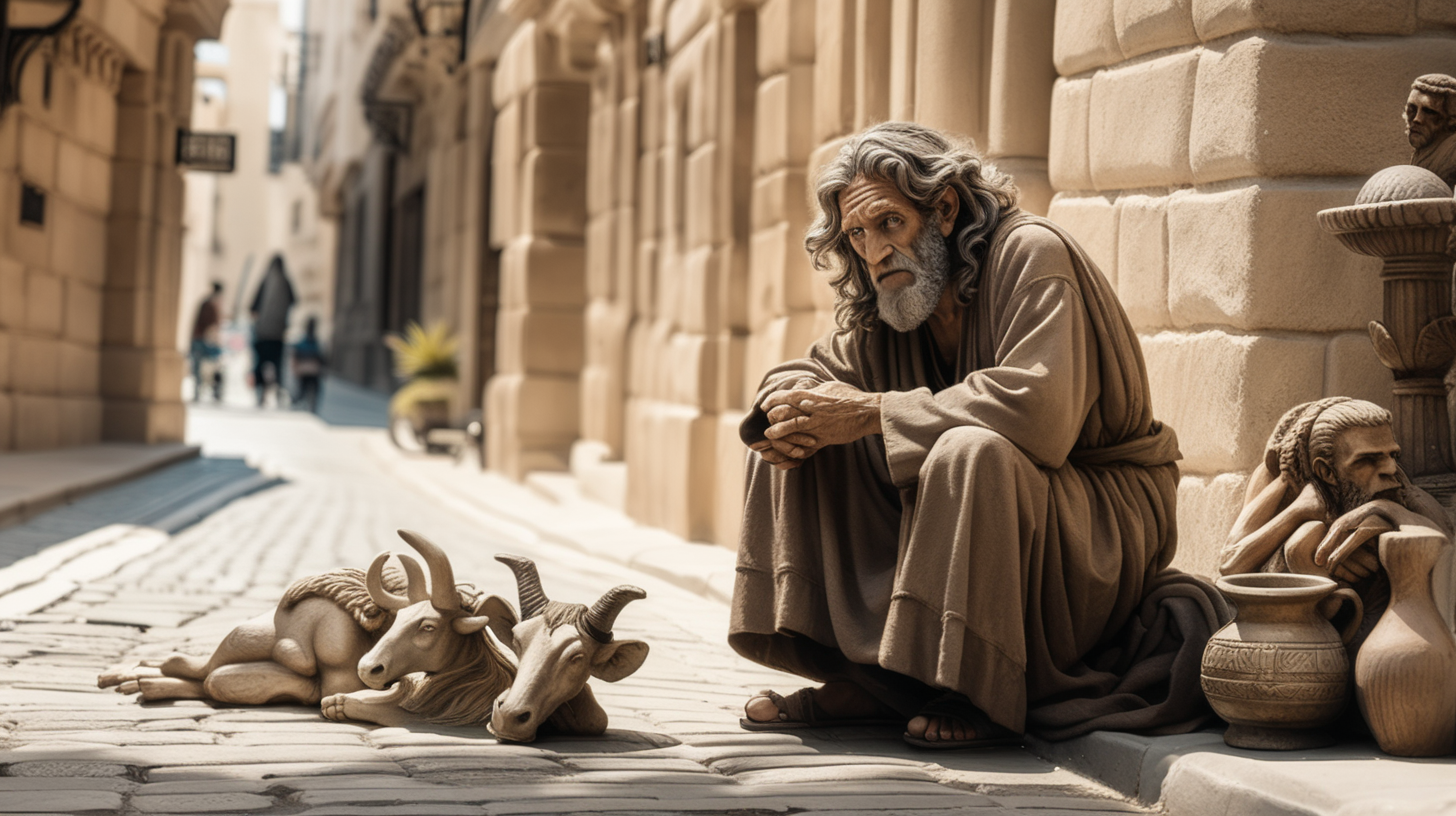 epoque biblique, un sans abri idolatre aux cheveux sales, assis par terre sur le trottoir dos au mur dans la rue, à côté de lui posées par terre des petites statuettes à forme démoniaques en bois, dans une rue d'une ville hébreu antique