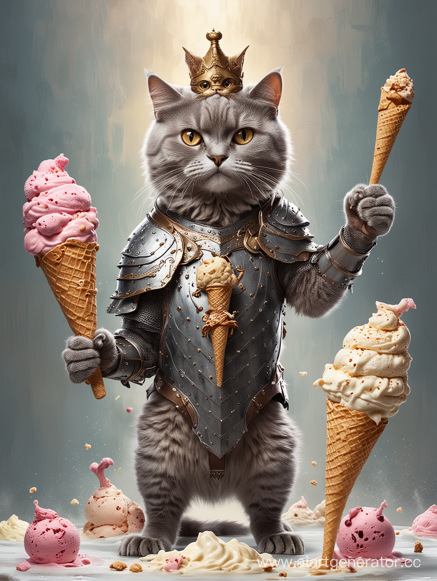кот-рыцарь сражается с трёхголовым монстром с  мороженого