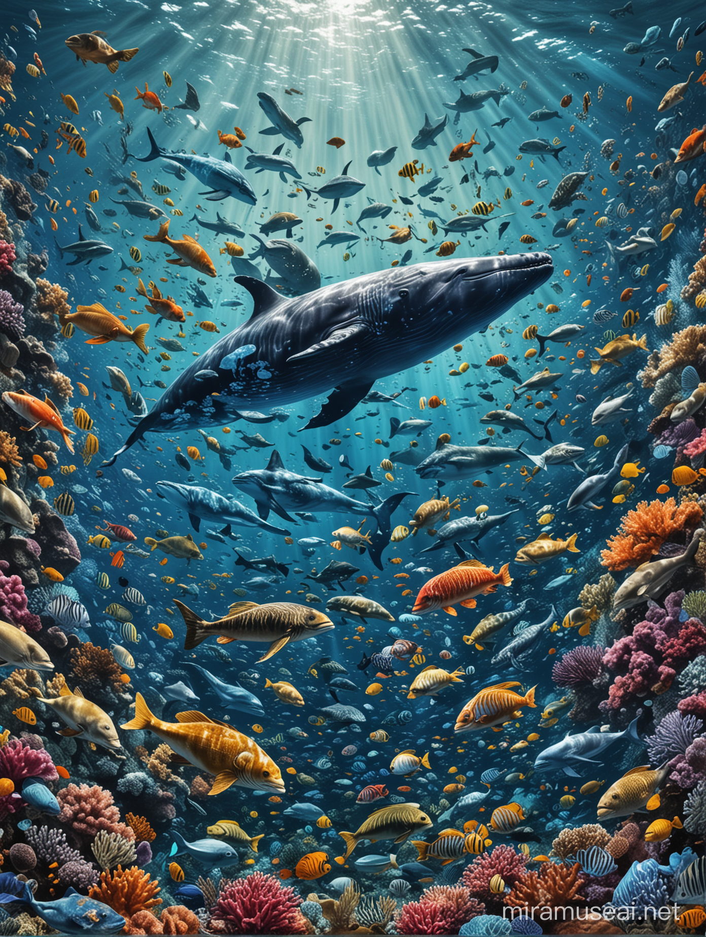 A dynamic collage showcasing the diverse marine life of the ocean, from colorful tropical fish to majestic whales, creating a mesmerizing visual feast for the eyes.