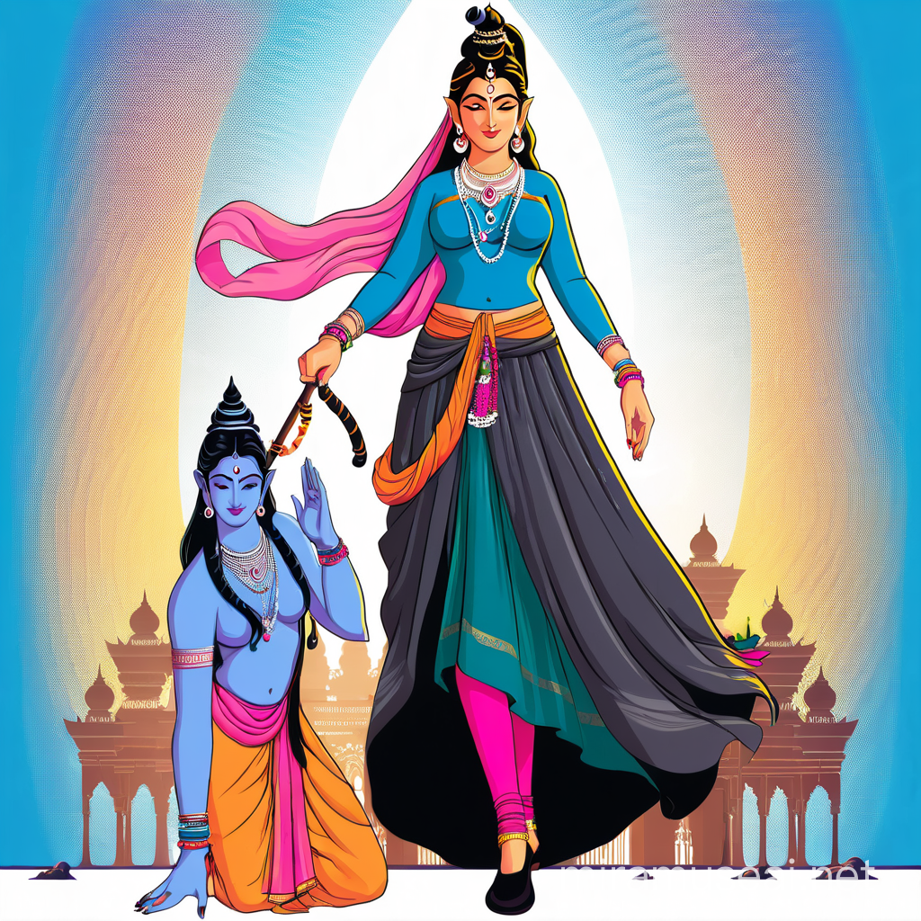 Empowering PlusSize Muslim Girl Leading Lord Shiva in Vibrant Contrasting Scene