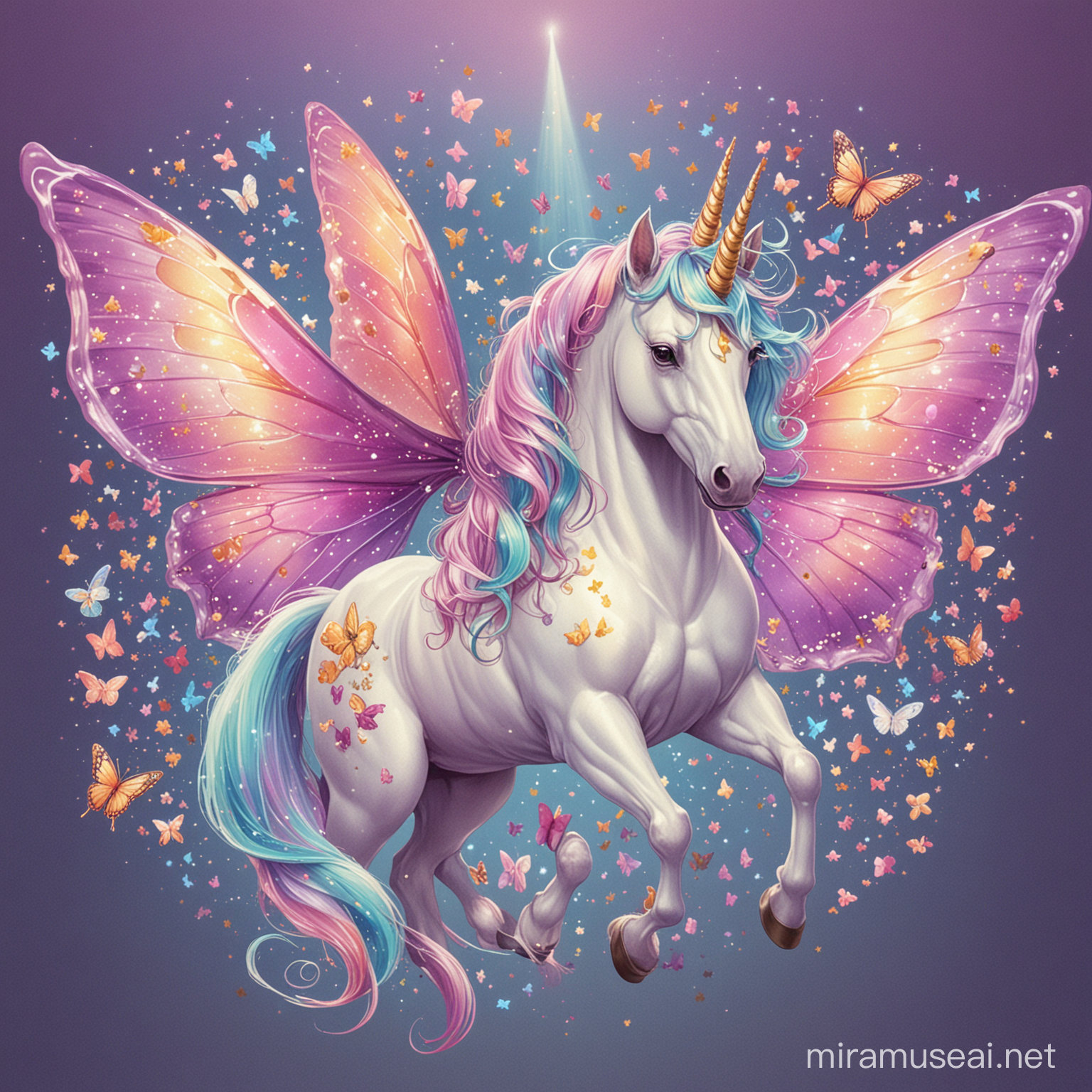 Colorful Butterfly and Majestic Unicorn in Enchanted Forest