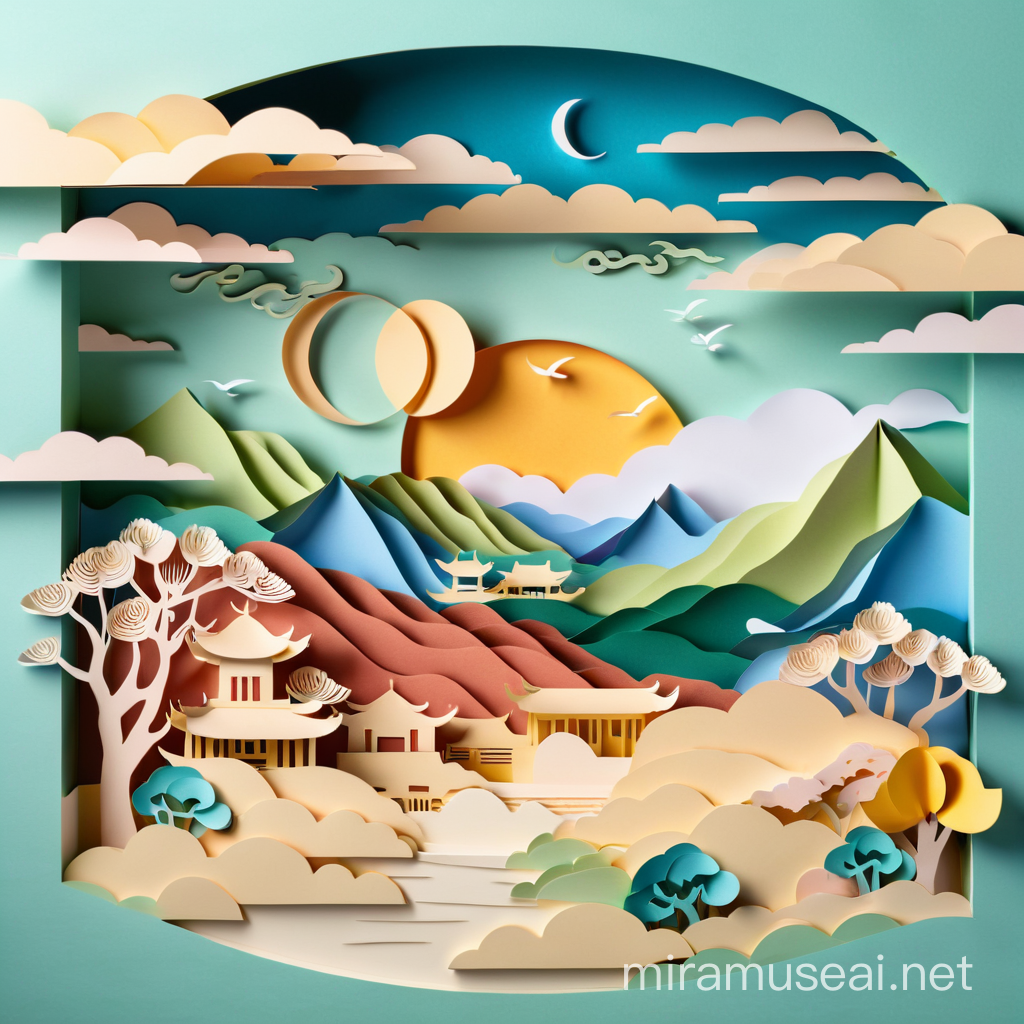 Chinese nature and landscape on solid background, auspicious clouds, full moon, ravine stream, mountain range, ancient houses, 3d paper cut