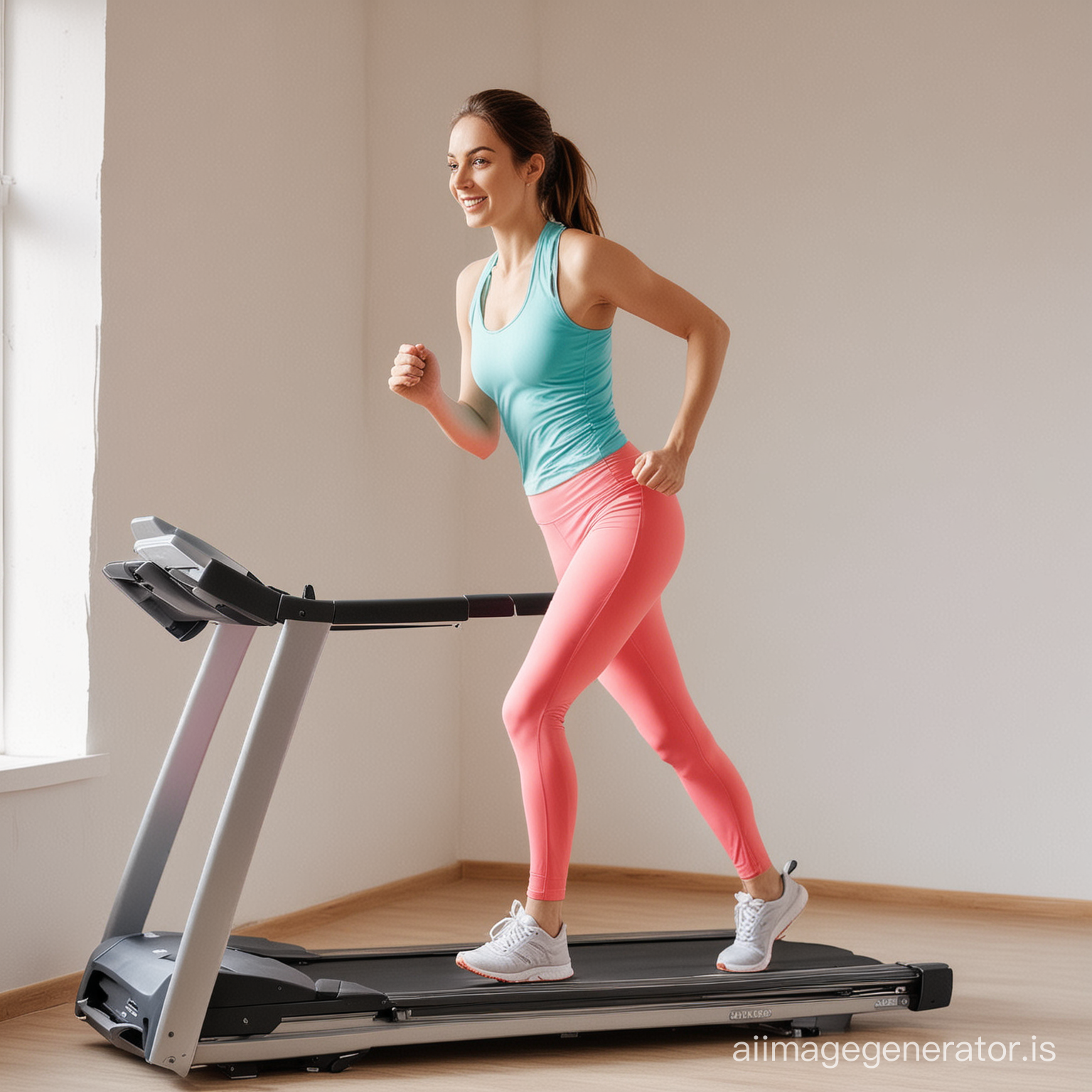 Cute twenty four Years old lady runs on a treadmill in a bright room in running sportswear 