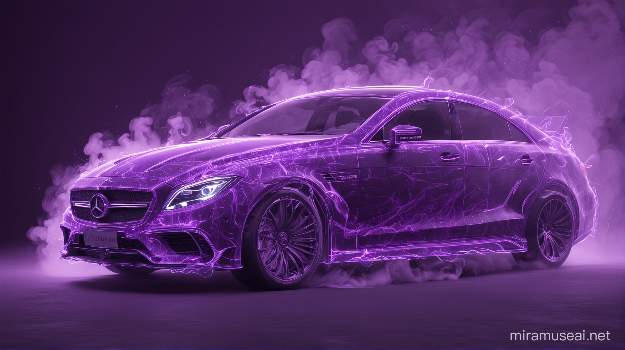 A neonhonda Mercedes Benz cls charging through swirling smoke, its form outlined in glowing wireframe, a phantom of determination and courage, purple colors --ar 16:9 --style raw --stylize 0