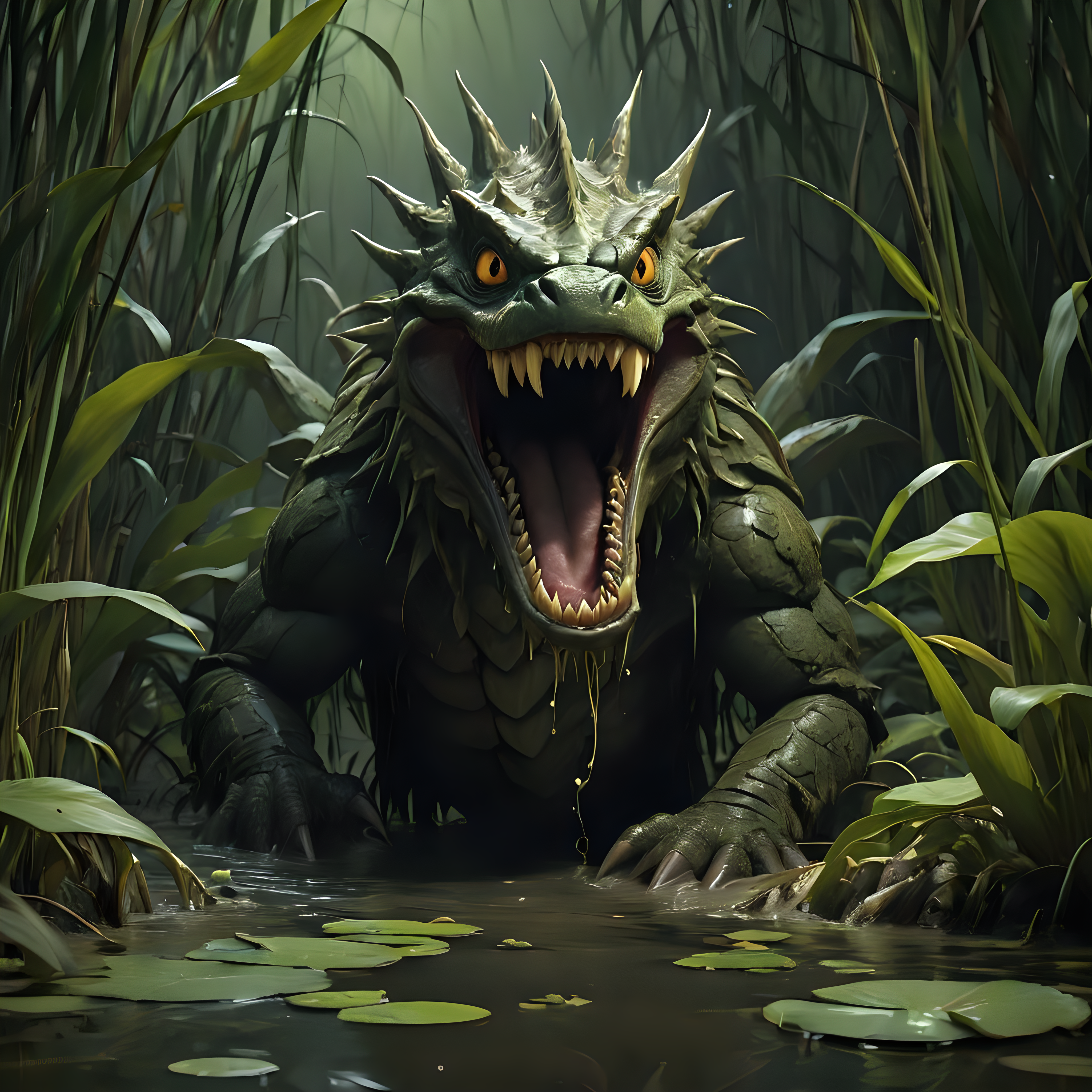 Sinister Scaled Mirebeast Gliding Through Murky Swamp Waters