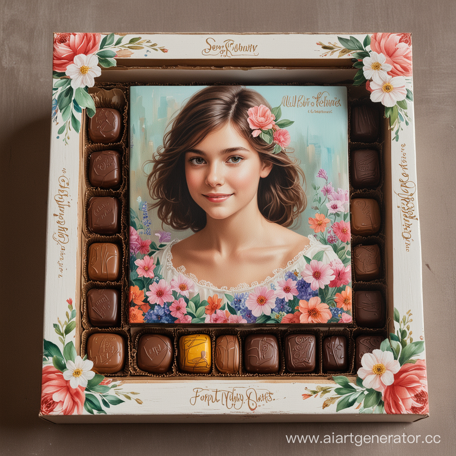 Живопись: коробка конфет на которой нарисована девушка с цветами.