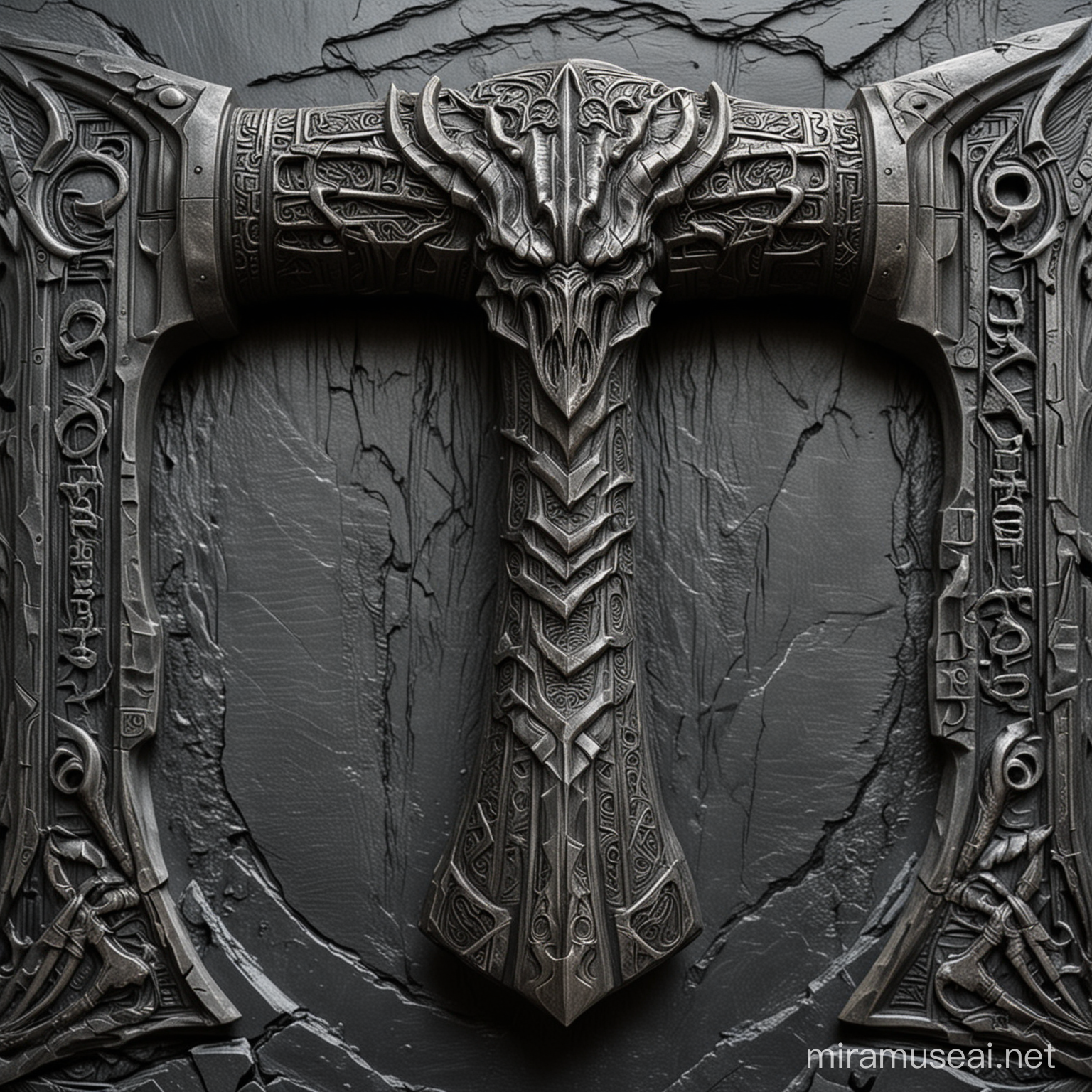 Mjölnir Thor hammer of Damascus steel, deeply carved with H. R. Giger dragon Klingon designs. slate background