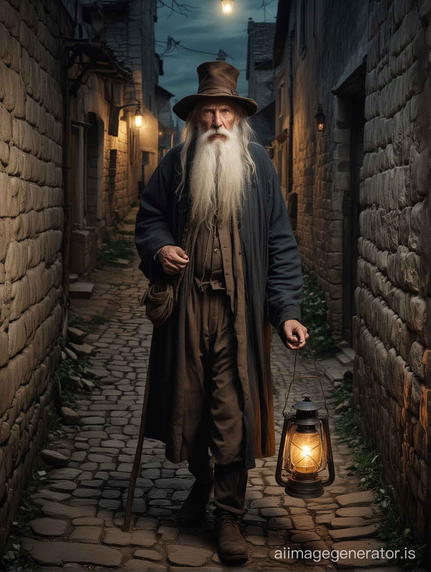 un vieil homme, grand, avec une très longue barbe blanche, portant un chapeau, l'air méchant, tenant une vieille lanternee allumée en 1850, il marche dans une ruelle sombre d'un village médiéval, la photo est en couleurs
