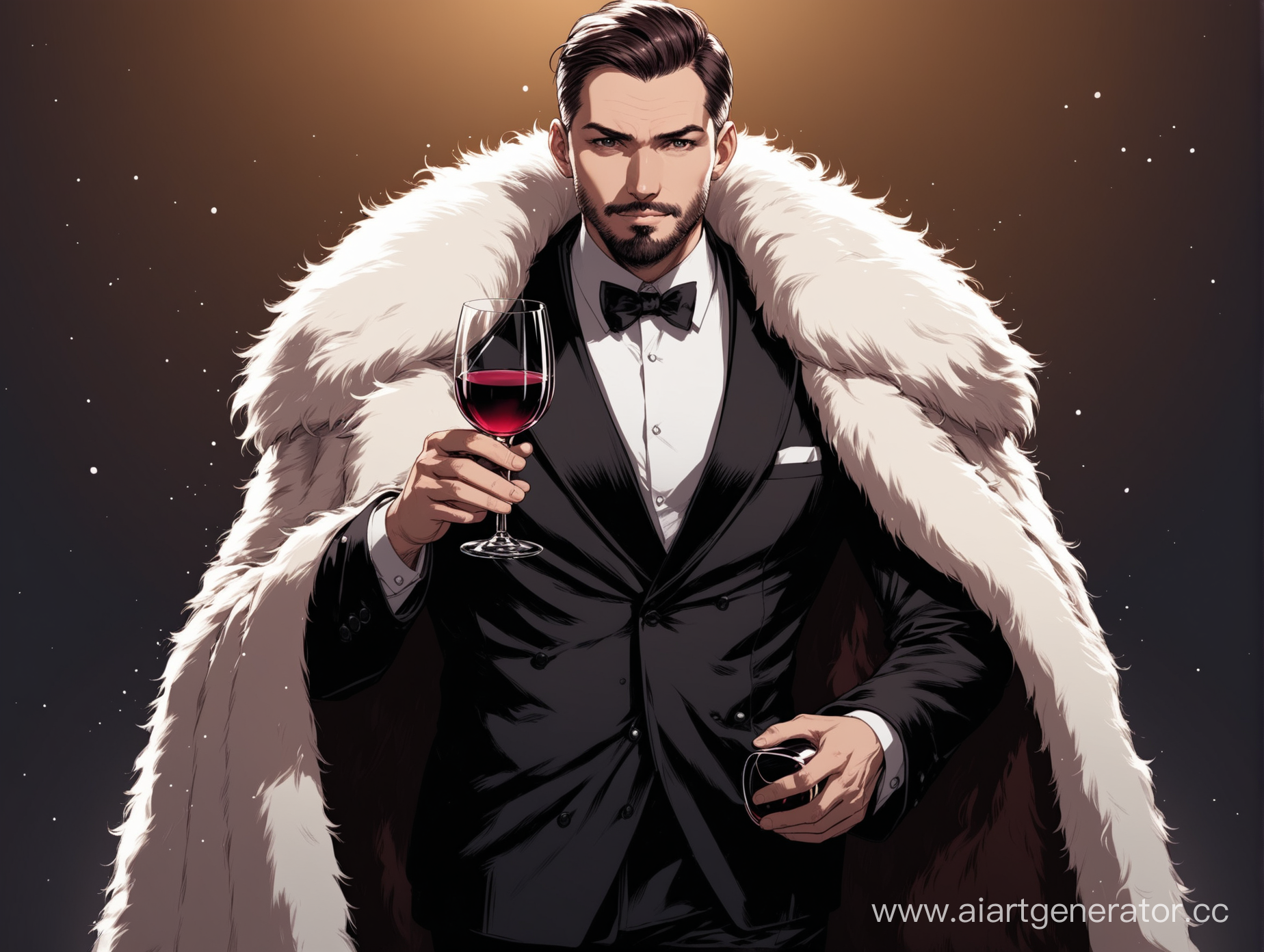 мужчина в полный рост в шубе держит бокал вина