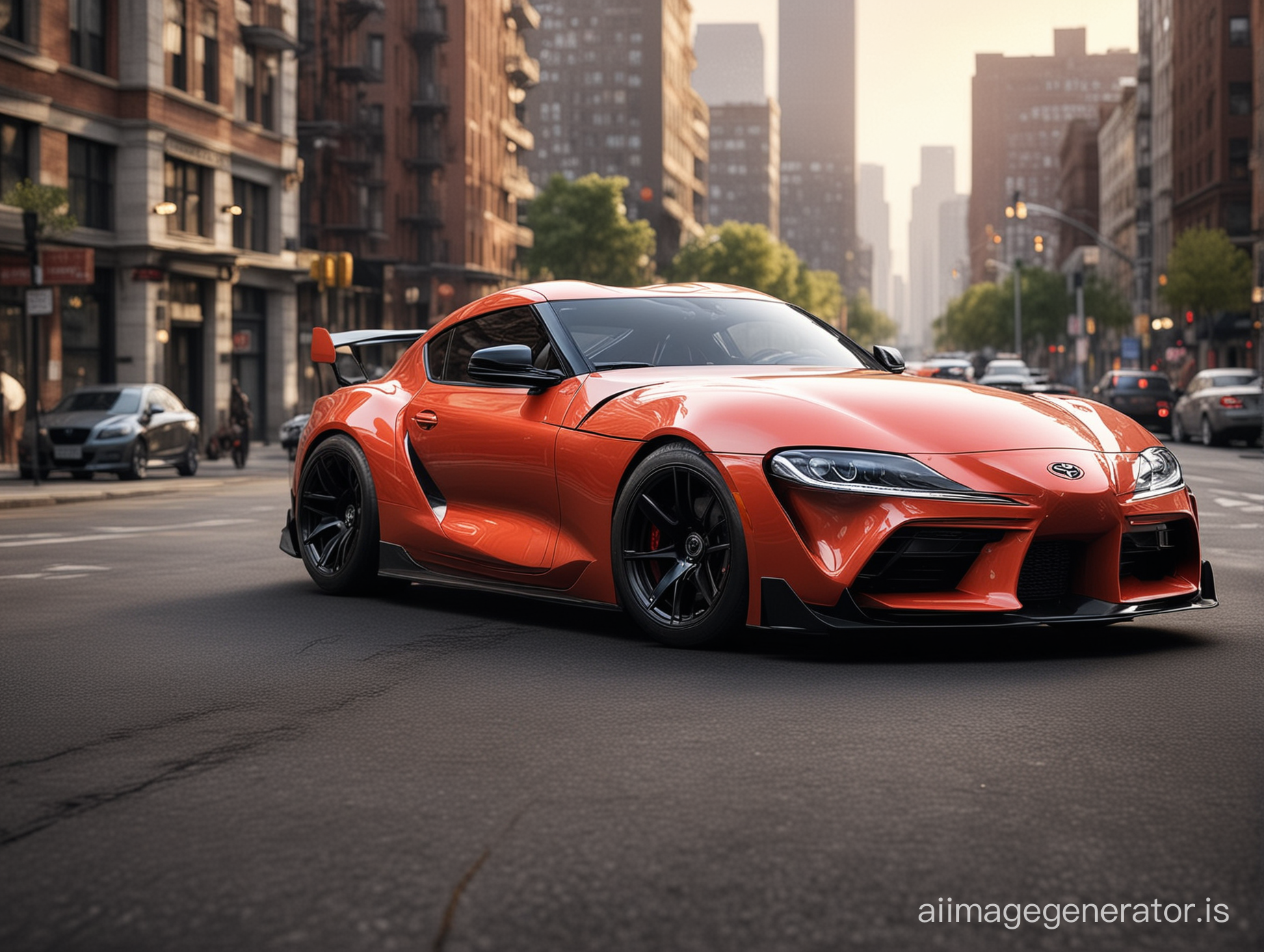 If the toyota supra was designed in the 20s, modern city background, natural light, realistic picture