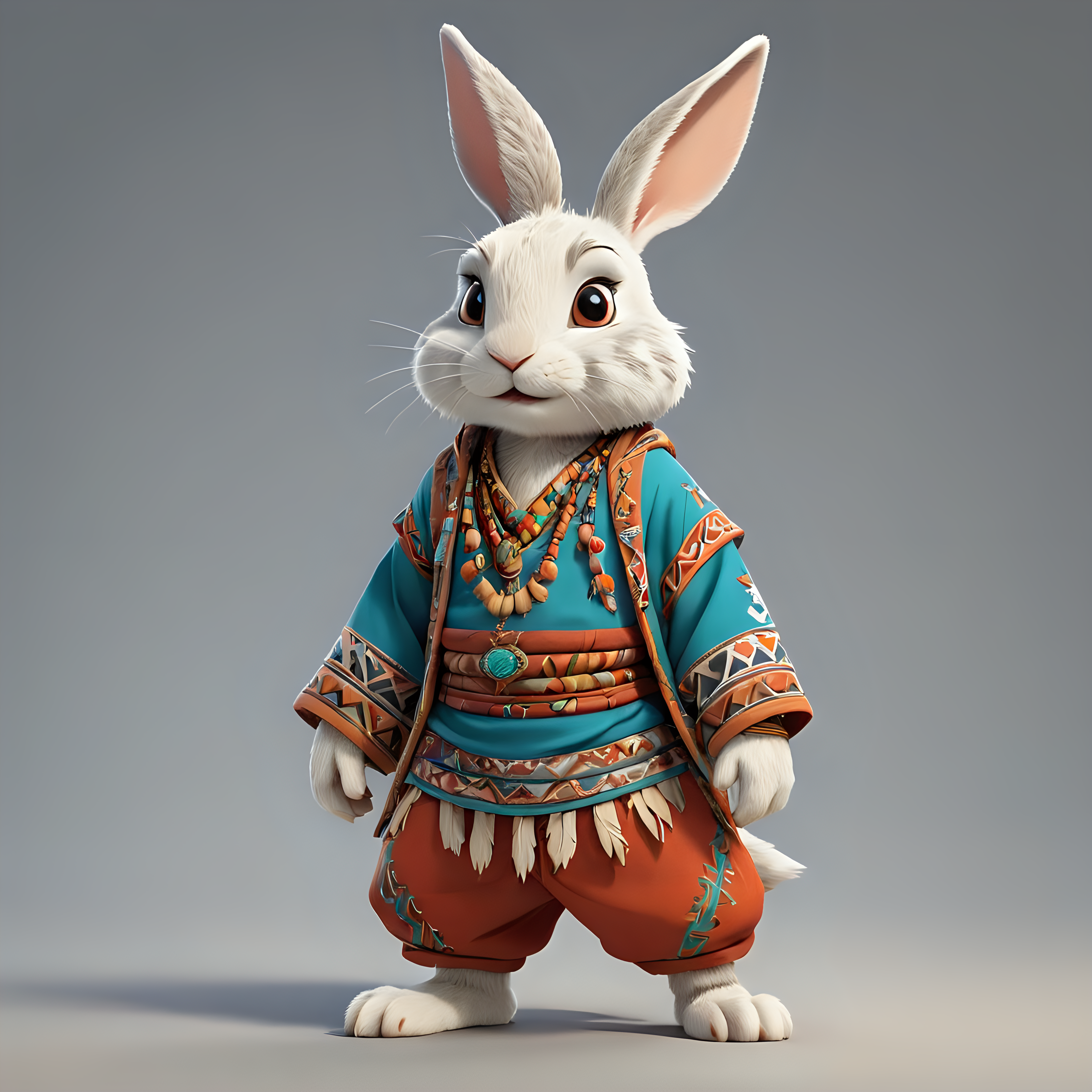 a rabbit in cartoon style in full body with Tribal clothes with clear background