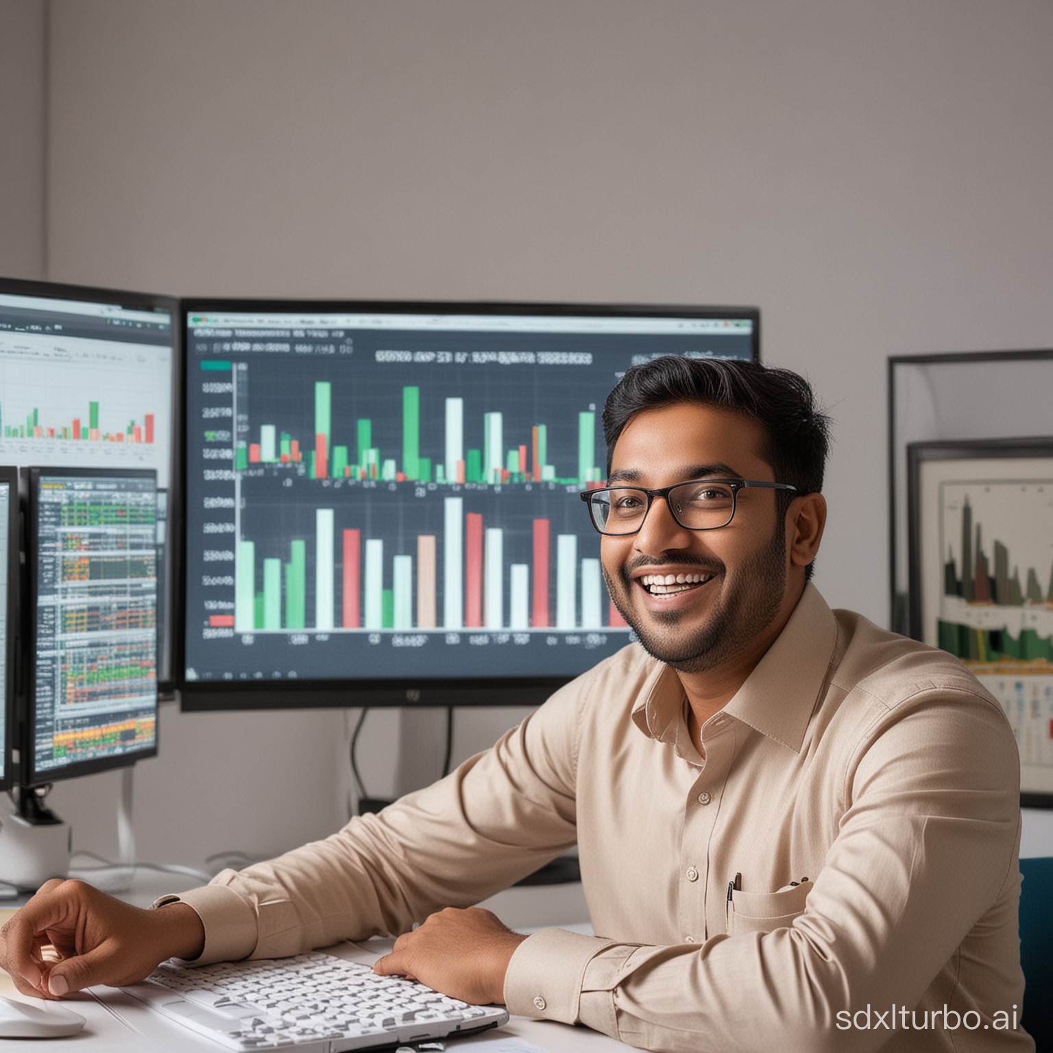 An Indian financial engineer is happy to share the joy of investing successfully in stocks. In the background is a computer showing the movement of a candlestick chart.