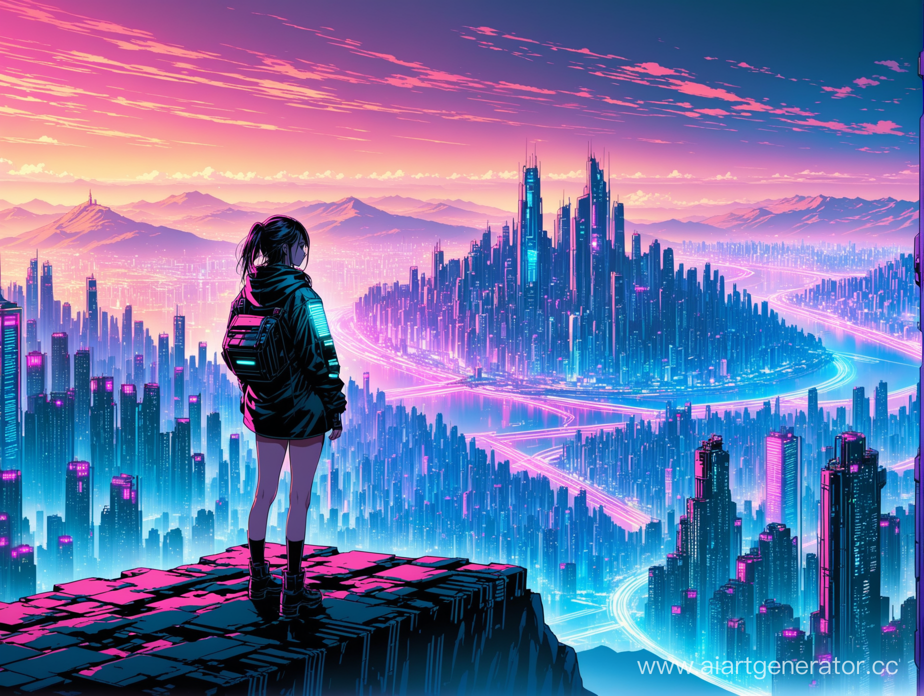 The girl is standing on the mountain. Behind her is cyberpunk megapolis