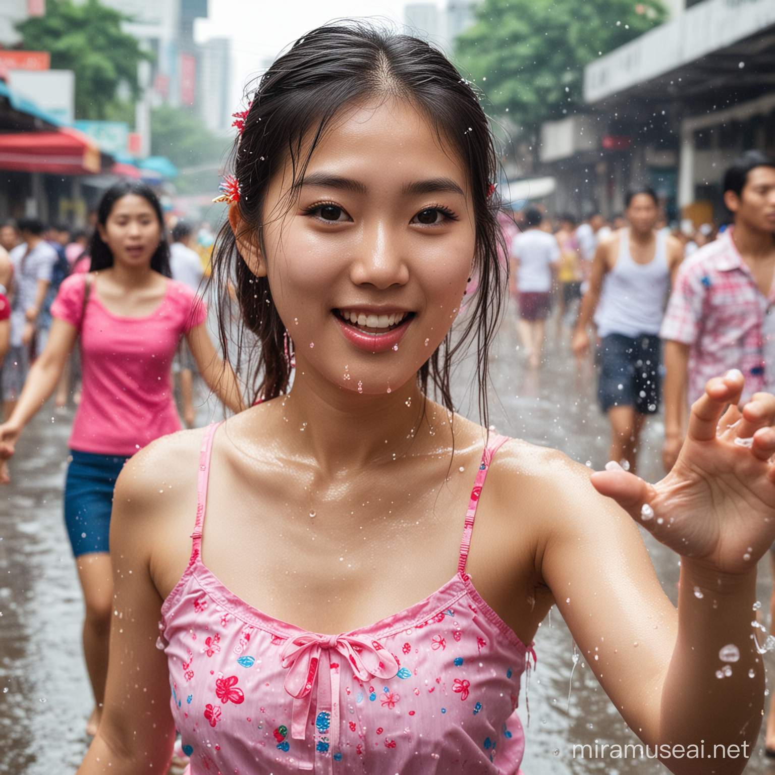 fine image of Korean girl play songkran festival on the street of bangkok, thailand