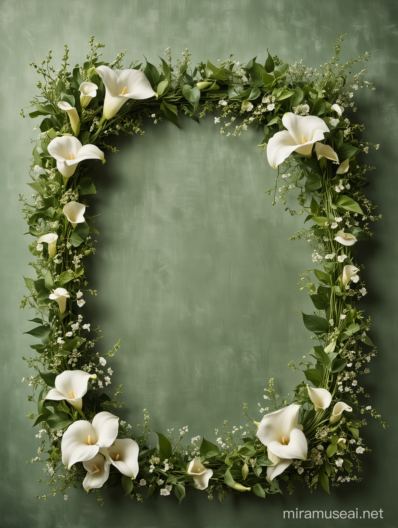 modest frame of swirling ivy, calla and gypsophila, greenish fabric background