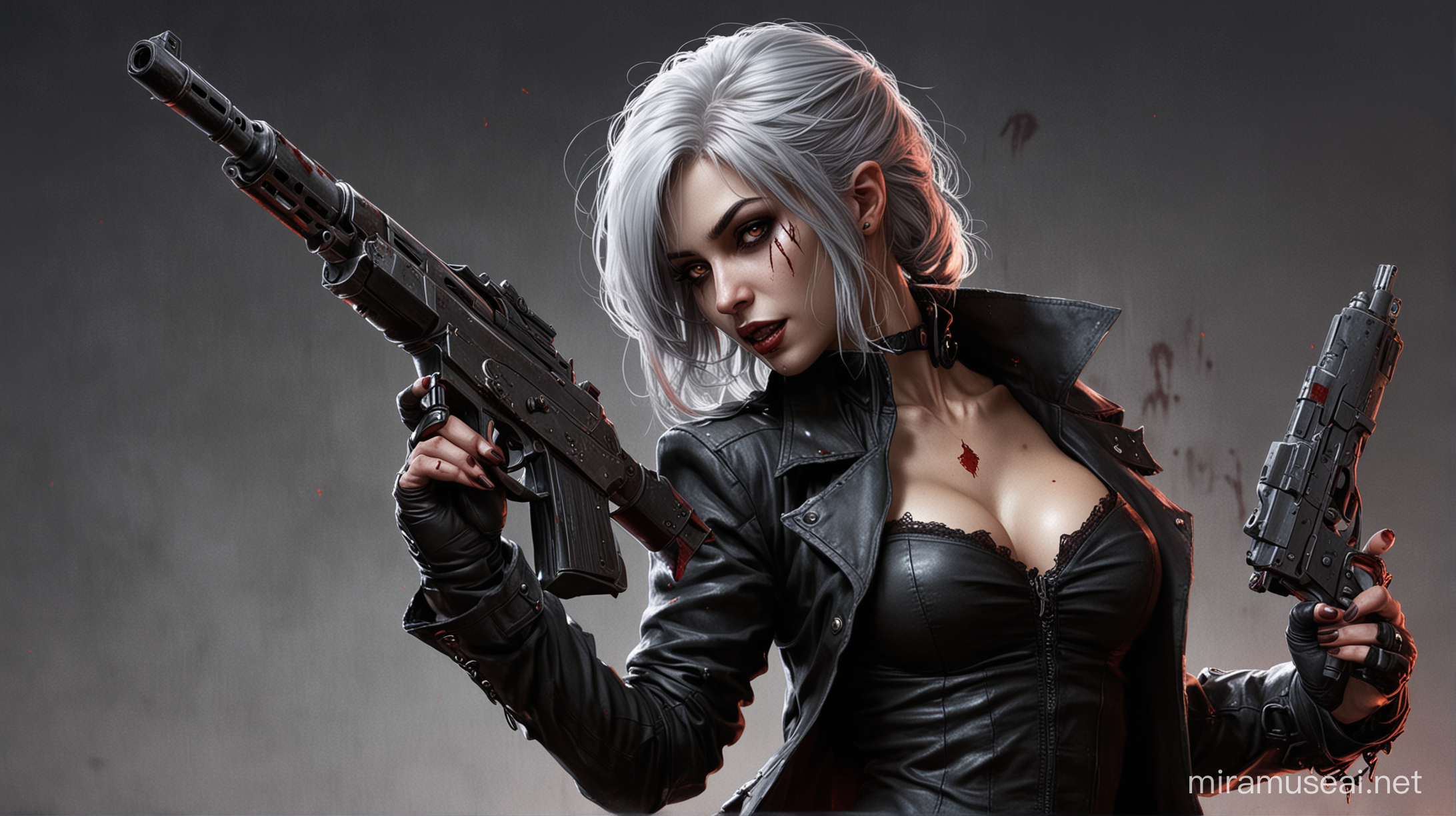 Powerful Female Tremere Vampire with Grey Hair and Guns