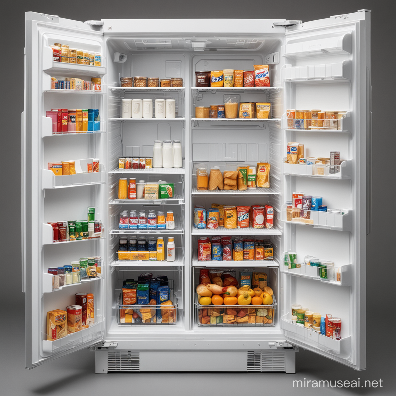 view of the entire open refrigerator, in which actual food packaging is arranged in the form of a Tetris game