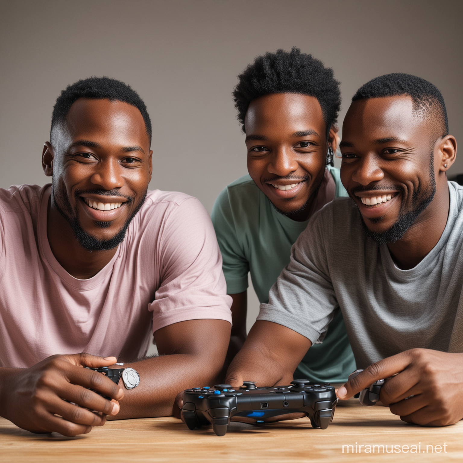 3 africains de la trentaine jouants aux jeux en ligne en etant heureux