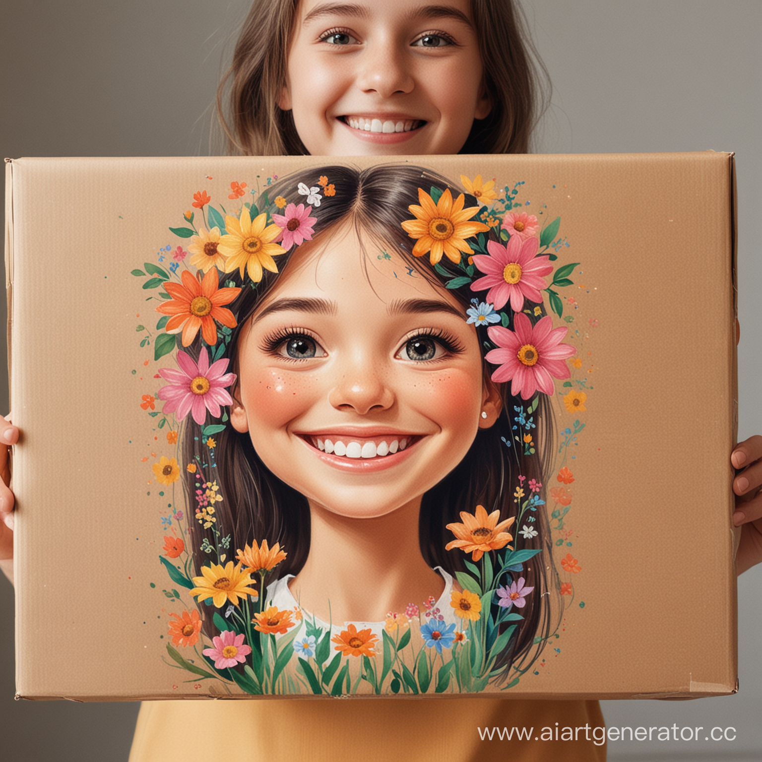 Picture : a package with a smiling girl with flowers painted on it.
