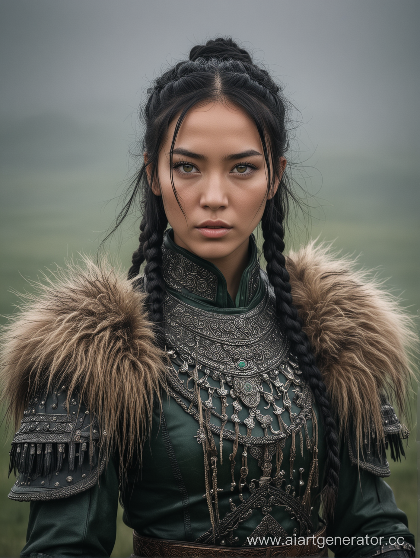 beautiful young girl with oriental green eyes, long thick black braids on her shoulders, Mongolian armor with fur, steppe, thick fog, Dark Souls