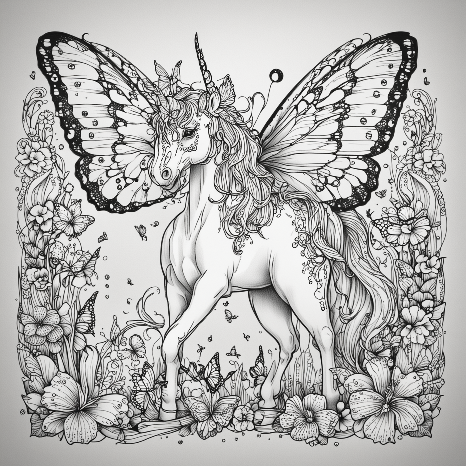 Butterfly Unicorn Coloring Page Large Areas for Creative Expression