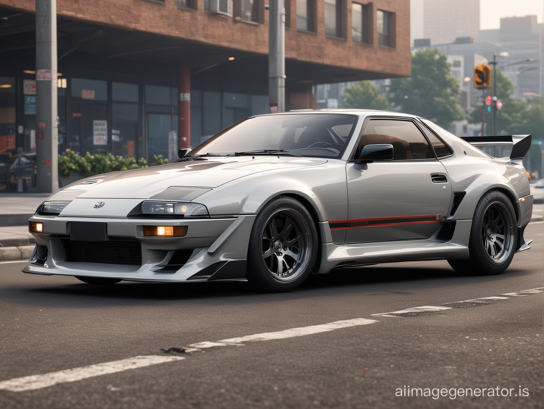 Create a 1980s car with style elements of the toyota supra, use very distinct features of the 2023 supra, modern city background, natural light, realistic picture