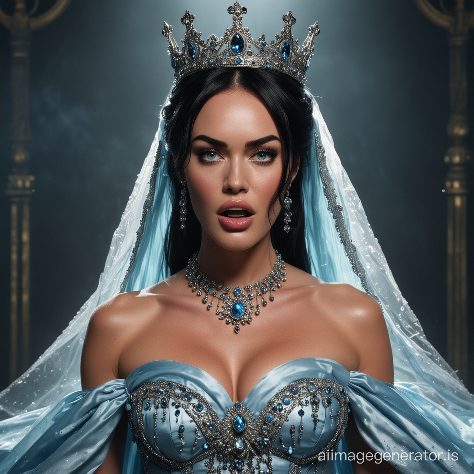 Upper body view of Megan Fox as a terrified beautiful queen, mouth agape in a scream, eyes wide with fear, black hair coiled in bun, adorned in a large sky blue satin ball gown with a lot of crystals, gemstones sparkling gigantic crinoline hoopskirt, heavy royal cape trailing behind, magnificent huge crown, regal presence, fear accentuated, digital painting, ultra realistic, dramatic lighting, volumetric textures, high resolution.