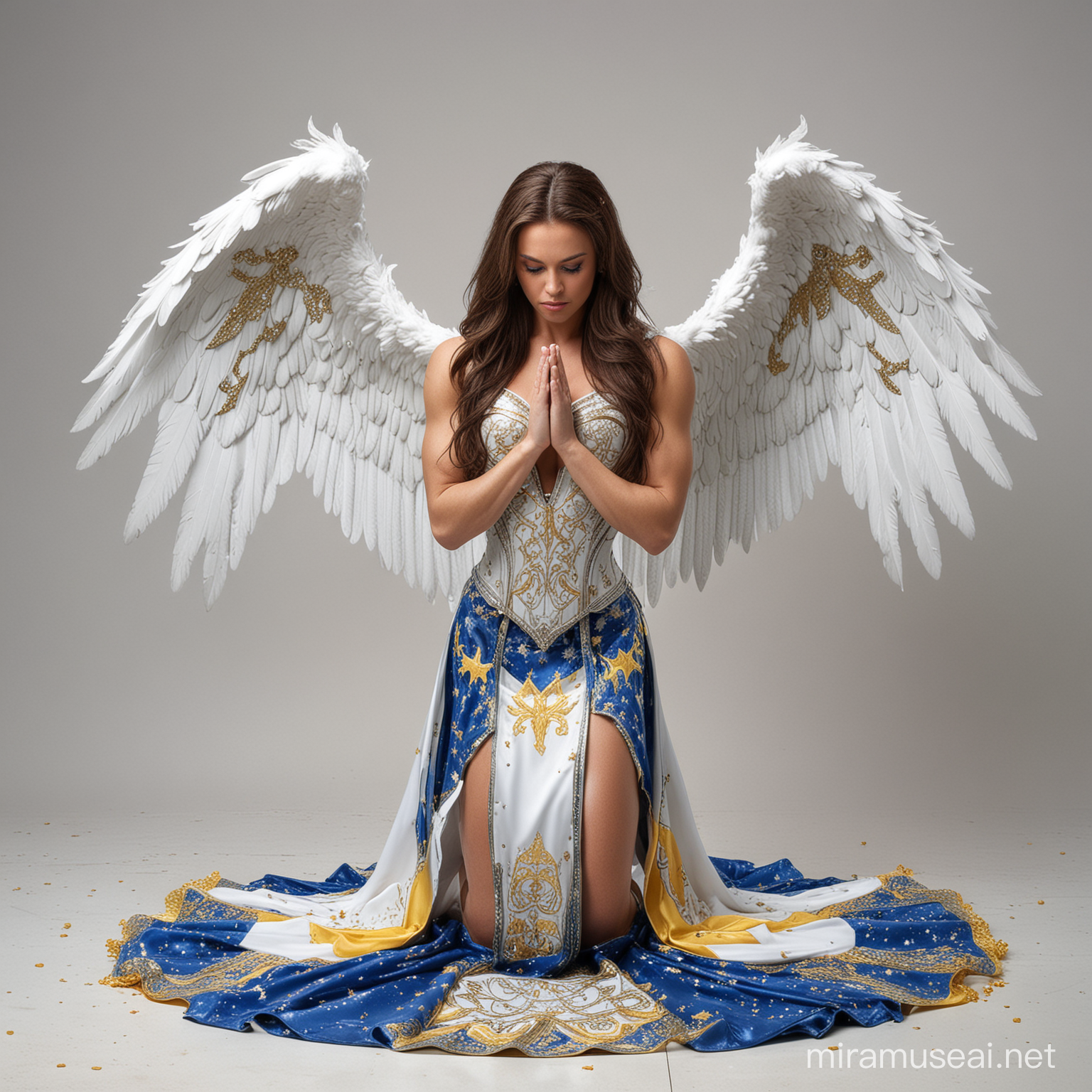 muscular female angel, muscled bodybuilder, sad, long brunette hair, with wings (big, white) and armor (metal, platinum, blue with yellow stars, blue ornaments) without helmet, long white ornate skirt, kneeling on the floor, hands folded in prayer, crying, white background