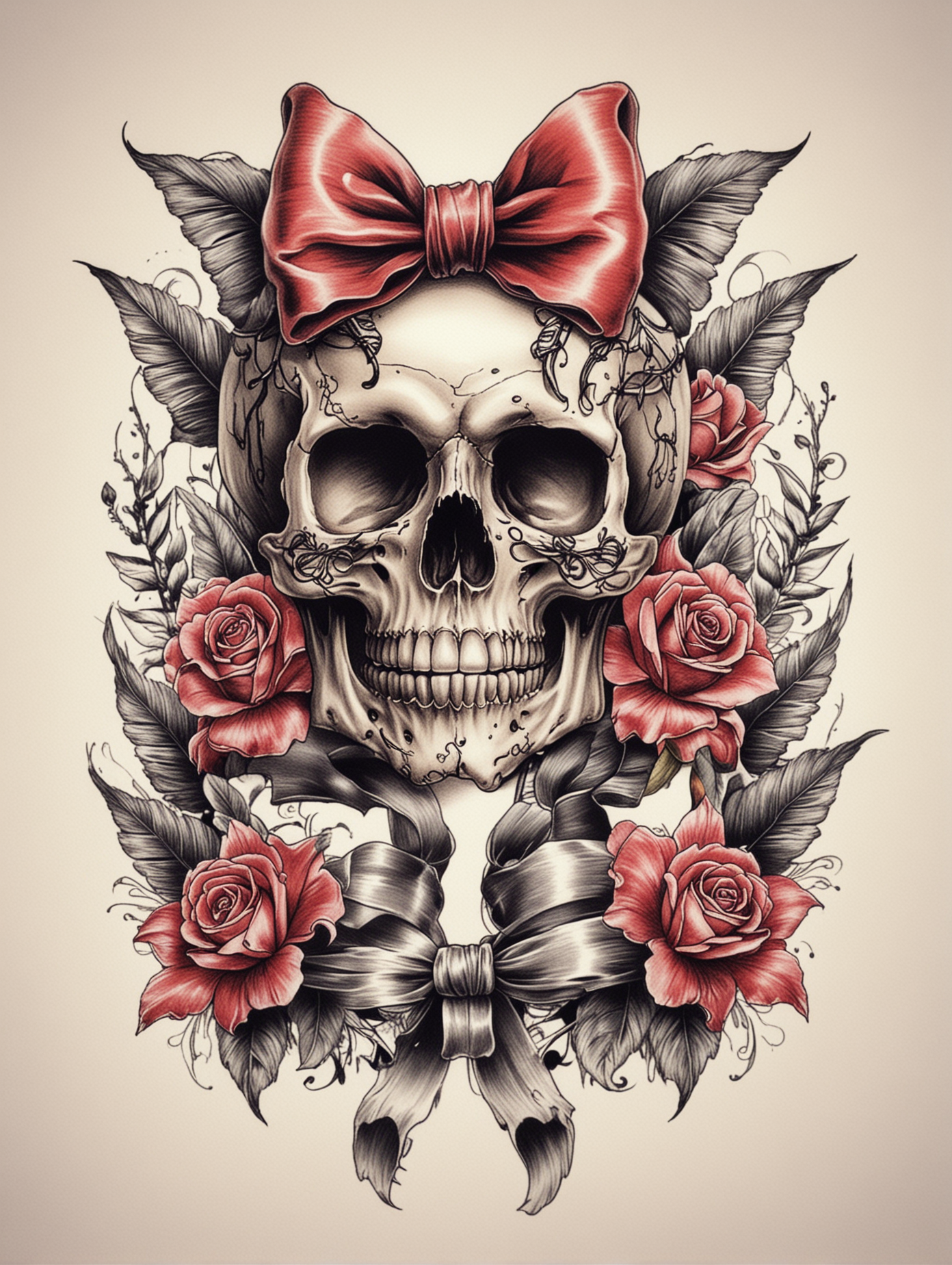 Oldschool tattoo design skull with bow, roses, white backround
