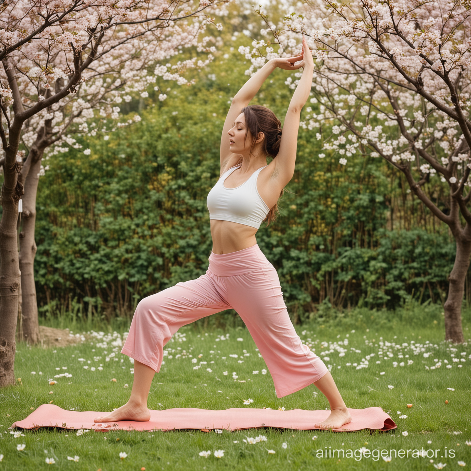 Lovely twenty four Years old woman does standing yoga at her cute garden full of flowers and Japan cherry trees