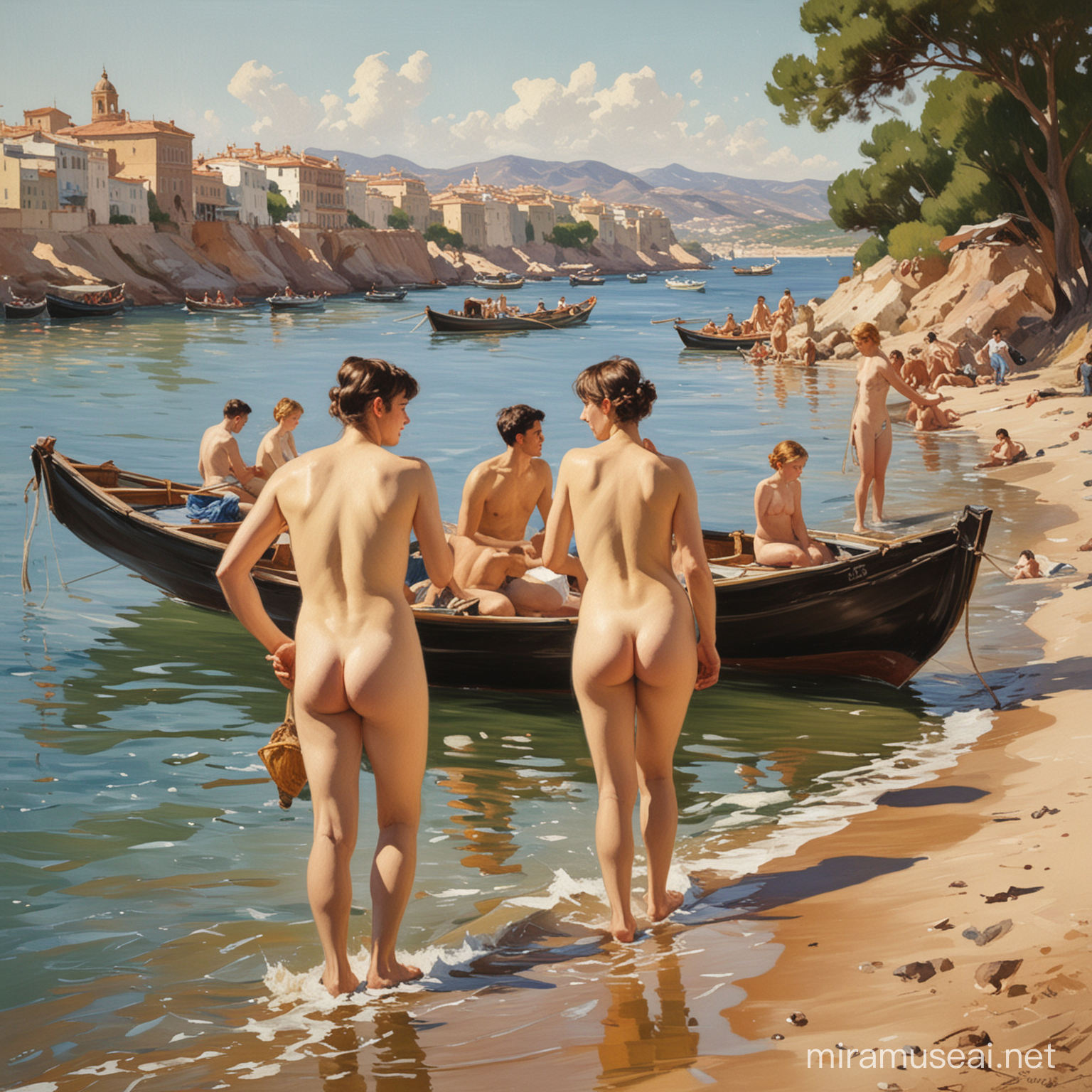 картина в стиле Хоакин Соролья ,река лодки,обнаженные девушки ,парни,