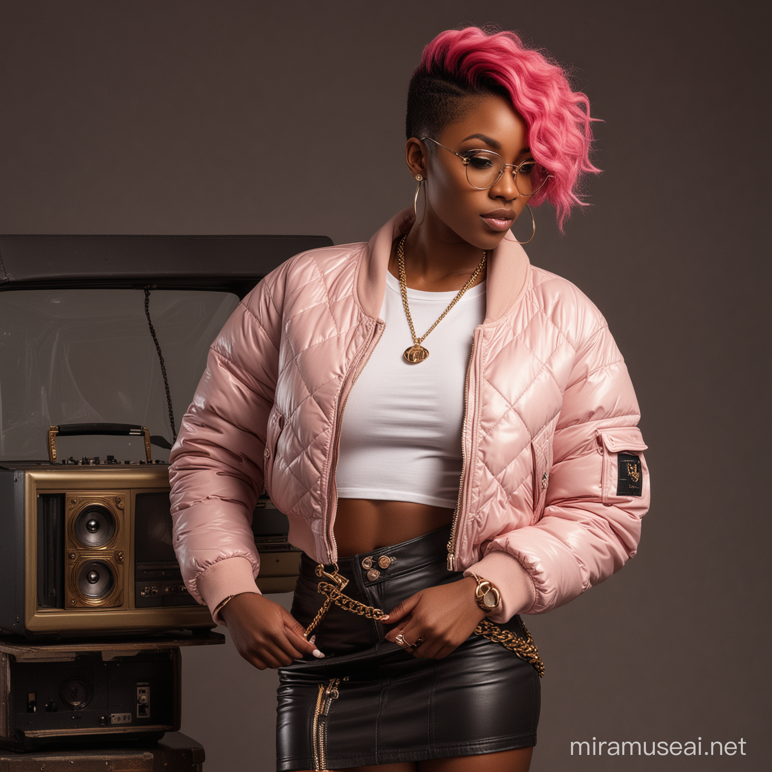 Seductive African Female DJ in Dark Pink Hairstyle and Military Glasses with Vintage Television
