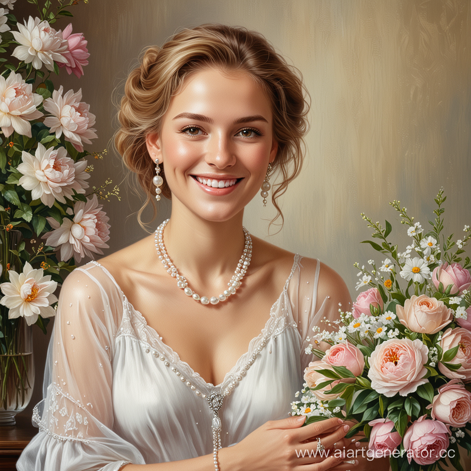 Oil painting: smiling woman in pearl jewelry stands with flowers.