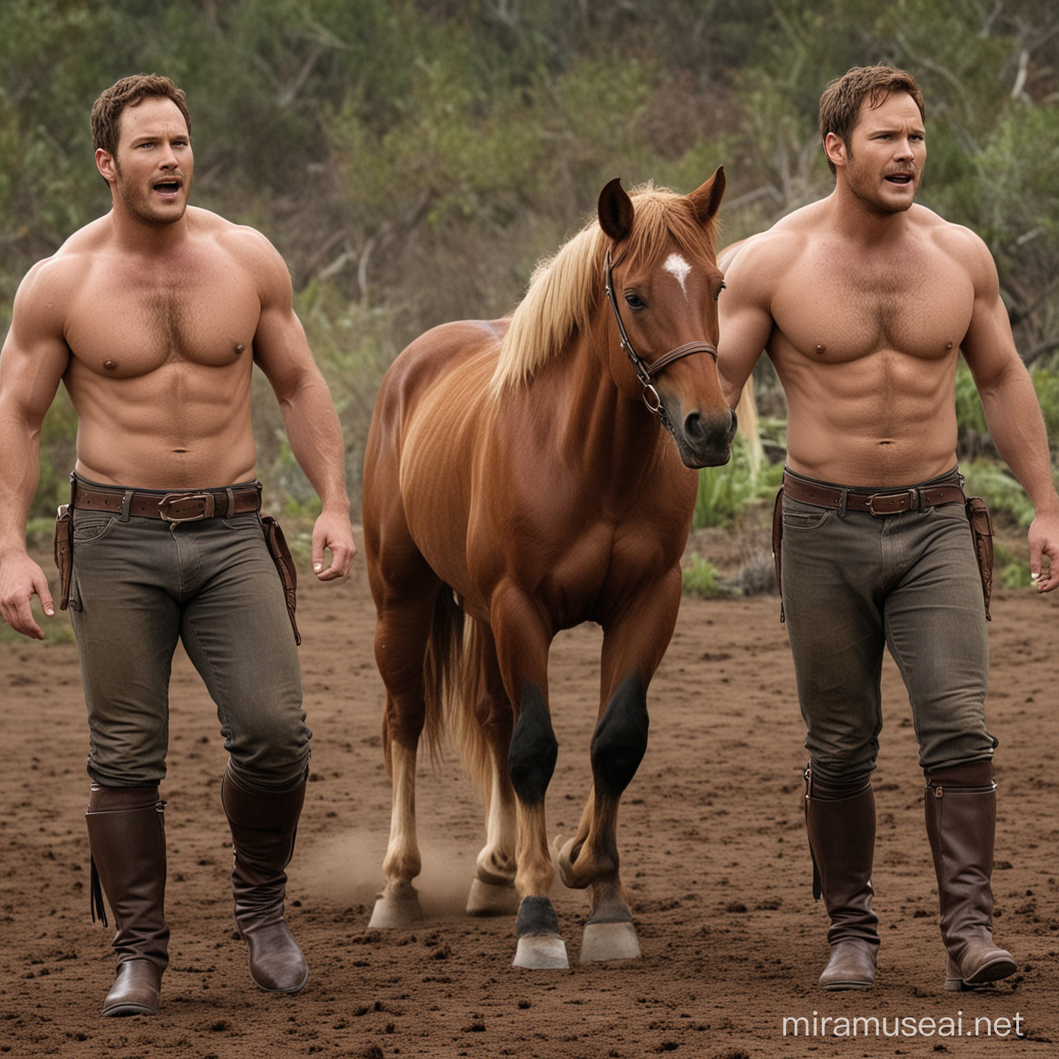 Chris Pratt on all fours transforming into a horse. He has horse ears. He has horse legs. He has horse hooves. He has a horse tail. He has a complete horse body and neighing like a horse. But his head is human.