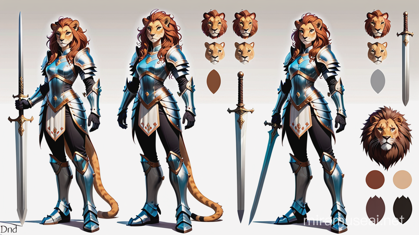 reference sheet, reference fullbody, tall girl, human head, dnd , lion tail, paws, armor, sword