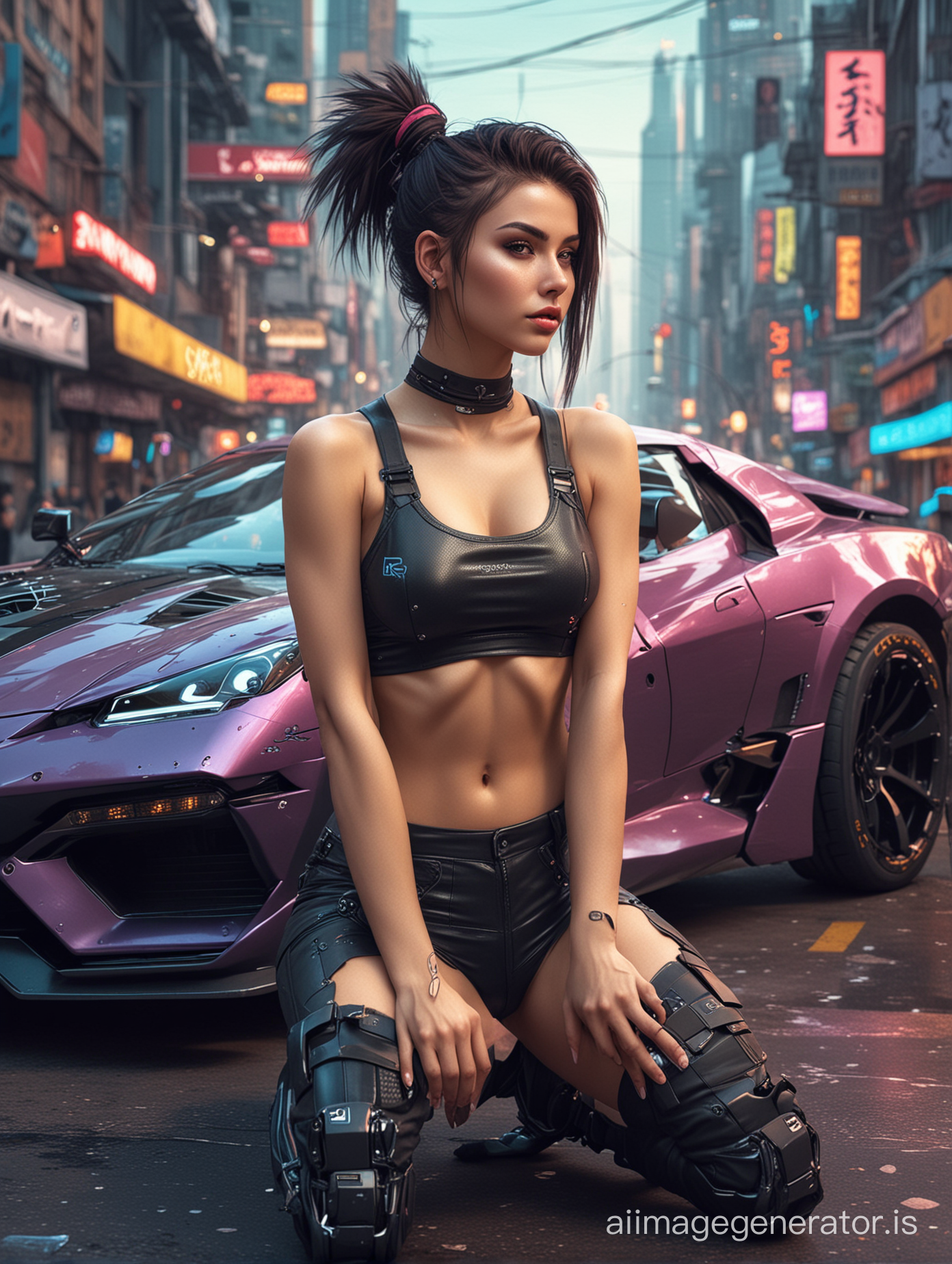 cyberpunk, cute sexy young punk woman posing with cyberpunk like khyzyl saleem enhanced sports car. Sci-fi, busy city