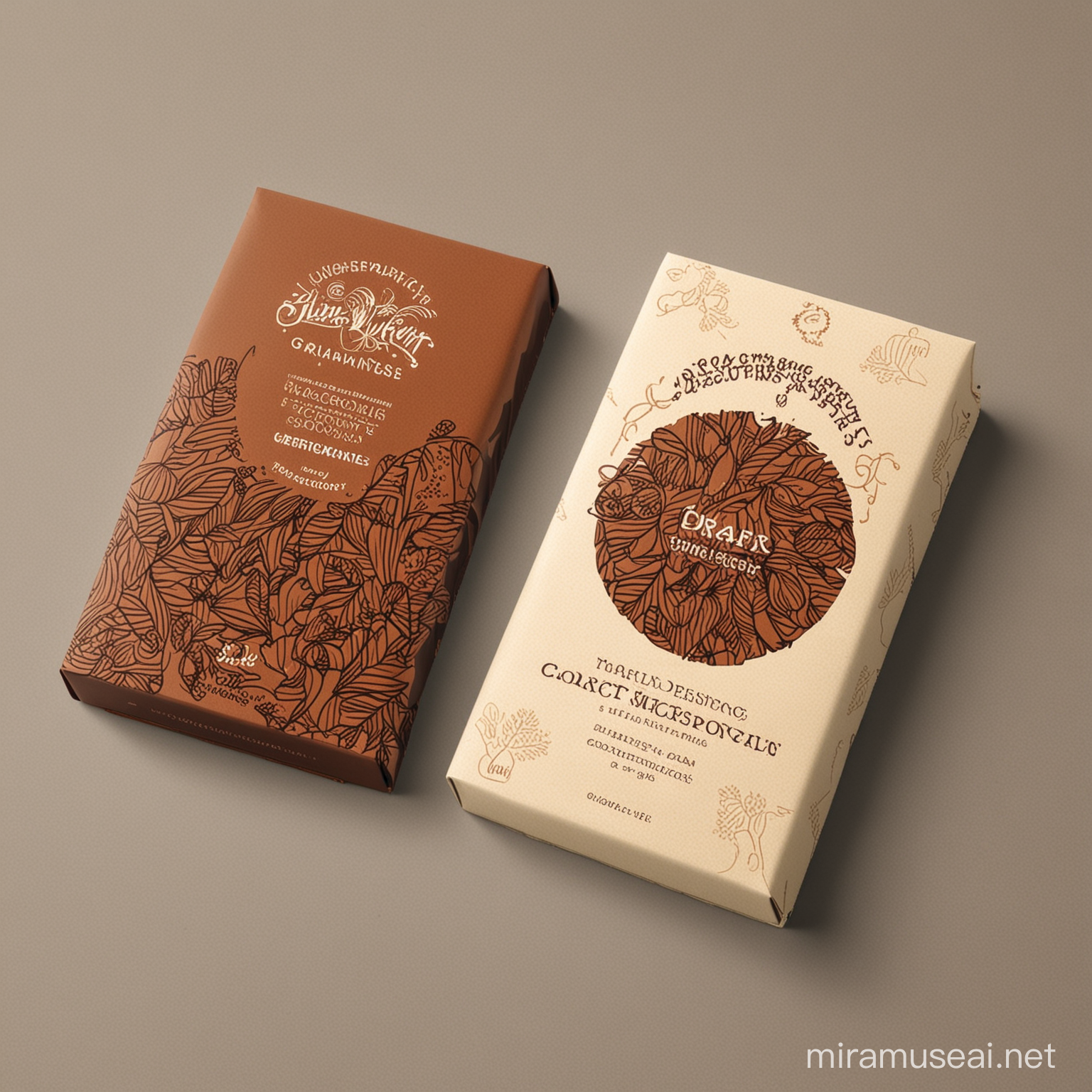 Artistic Organic Chocolate Packaging Design with Intricate Patterns and Earthy Tones