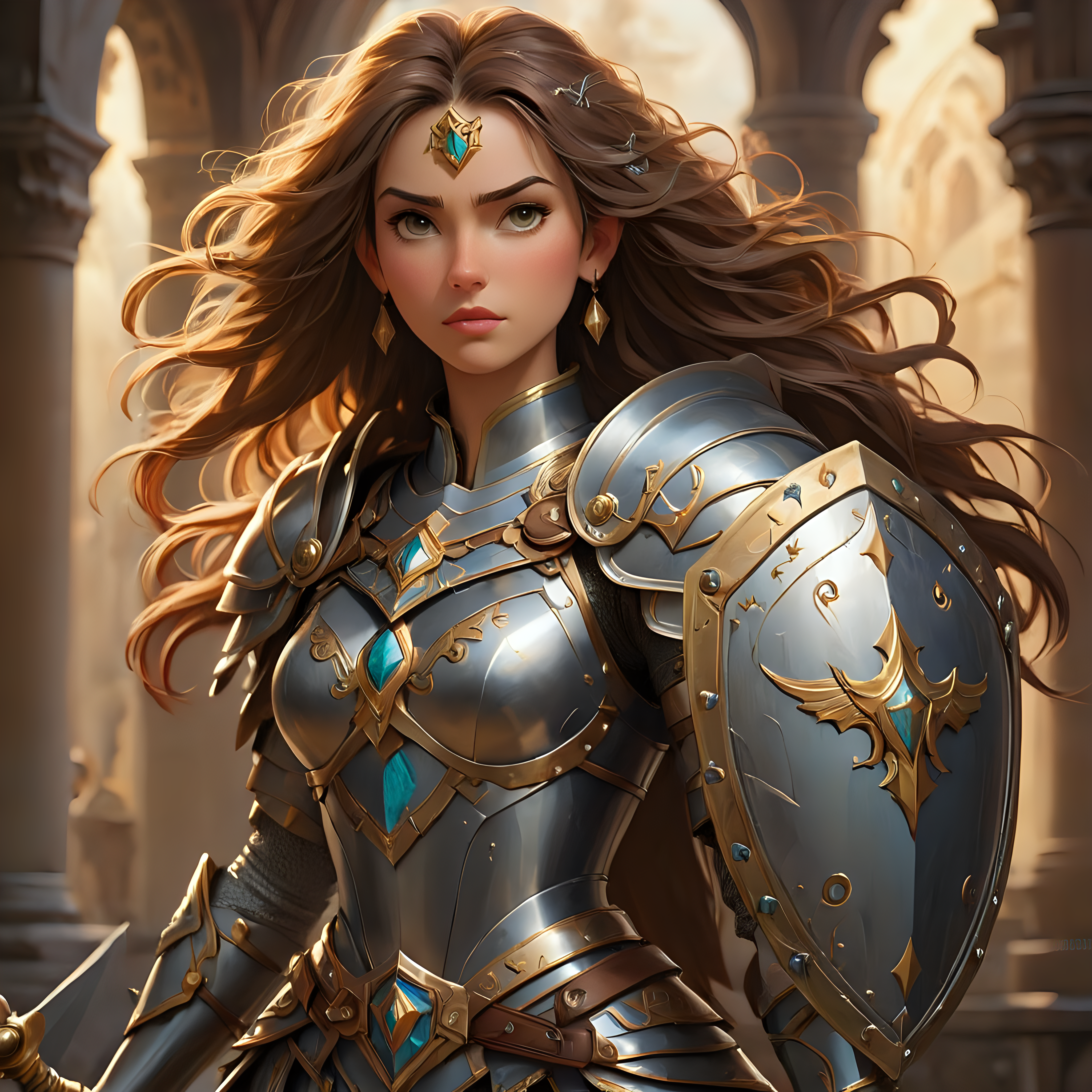 Femme Paladin :
Description : Une combattante noble et gracieuse, revêtue d'une armure élégante ornée de motifs divins. Elle tient fermement un bouclier orné et une lance sacrée, prête à défendre les innocents et à purger le mal avec justice.