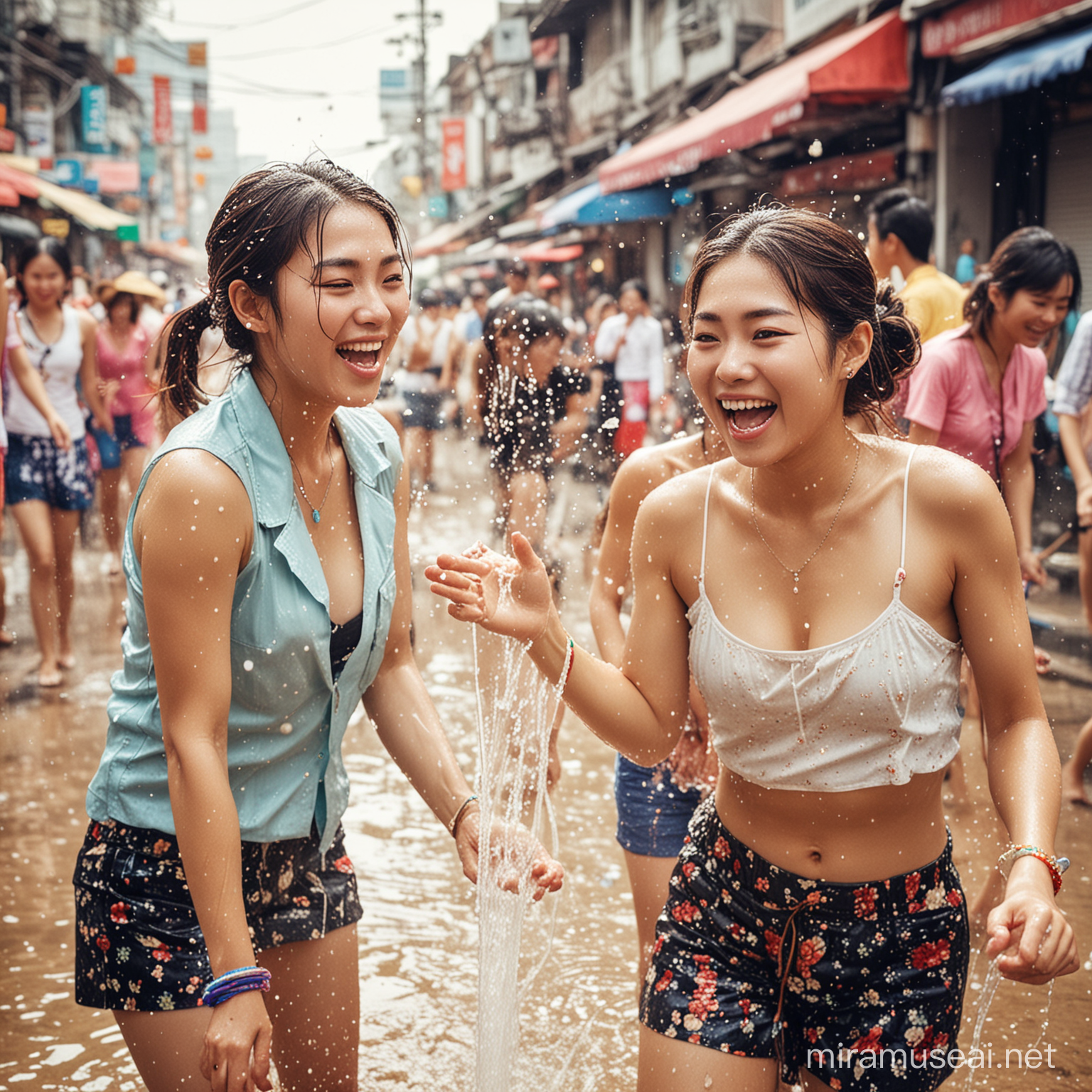 Korean and Japanese Female Tourists Splashing Water in Songkran Festivities on Khao San Road Bangkok