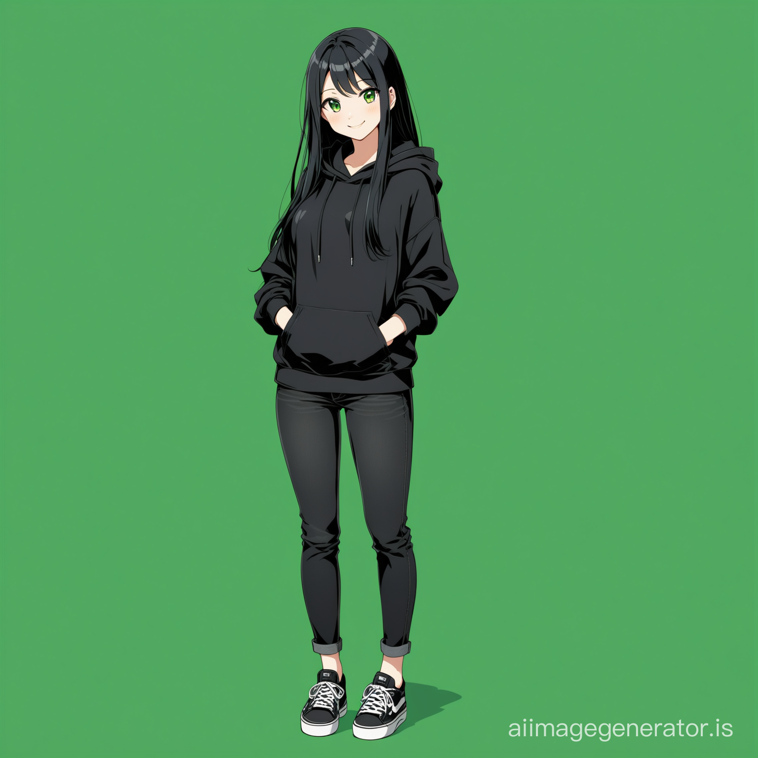 Anime girl with black jeans and black hoodie, with black long smooth hair, with a smile, green solid background, full-length view