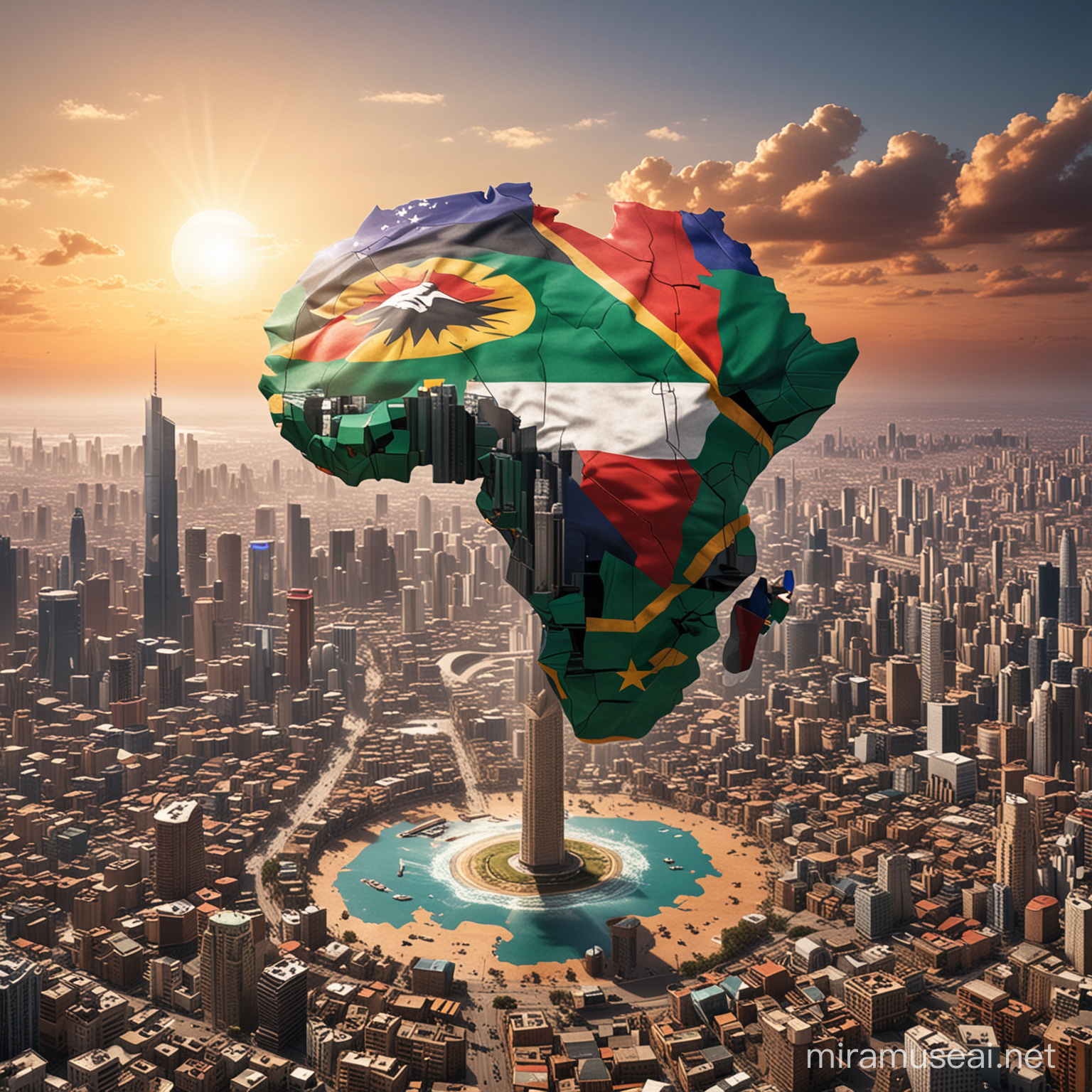Utopian AfroFuturistic Cityscape with United African States Federation Flag