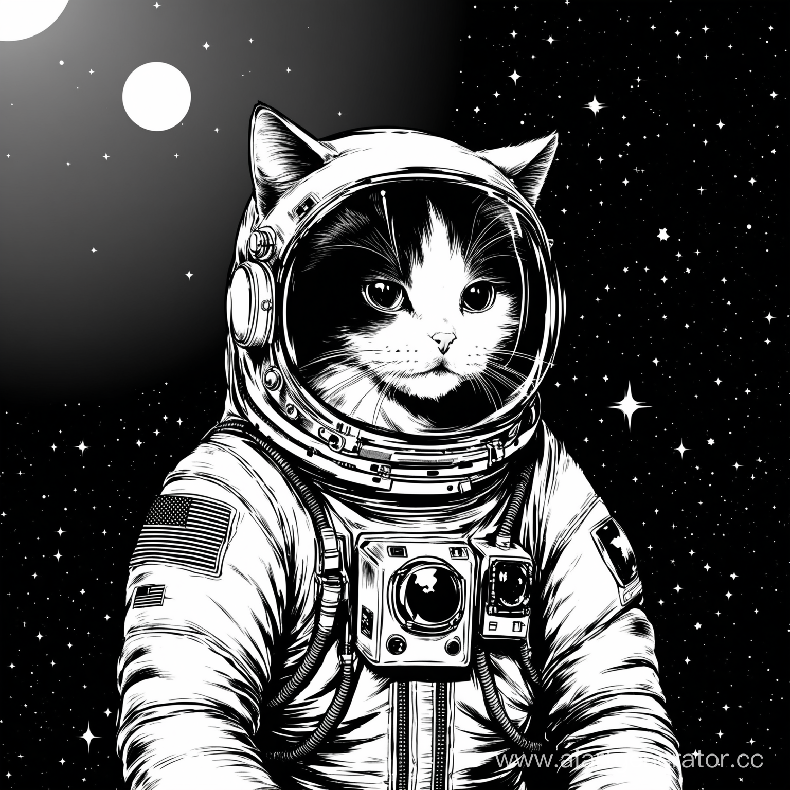 Чёрно-белые изображение кота,в костюме космонавта