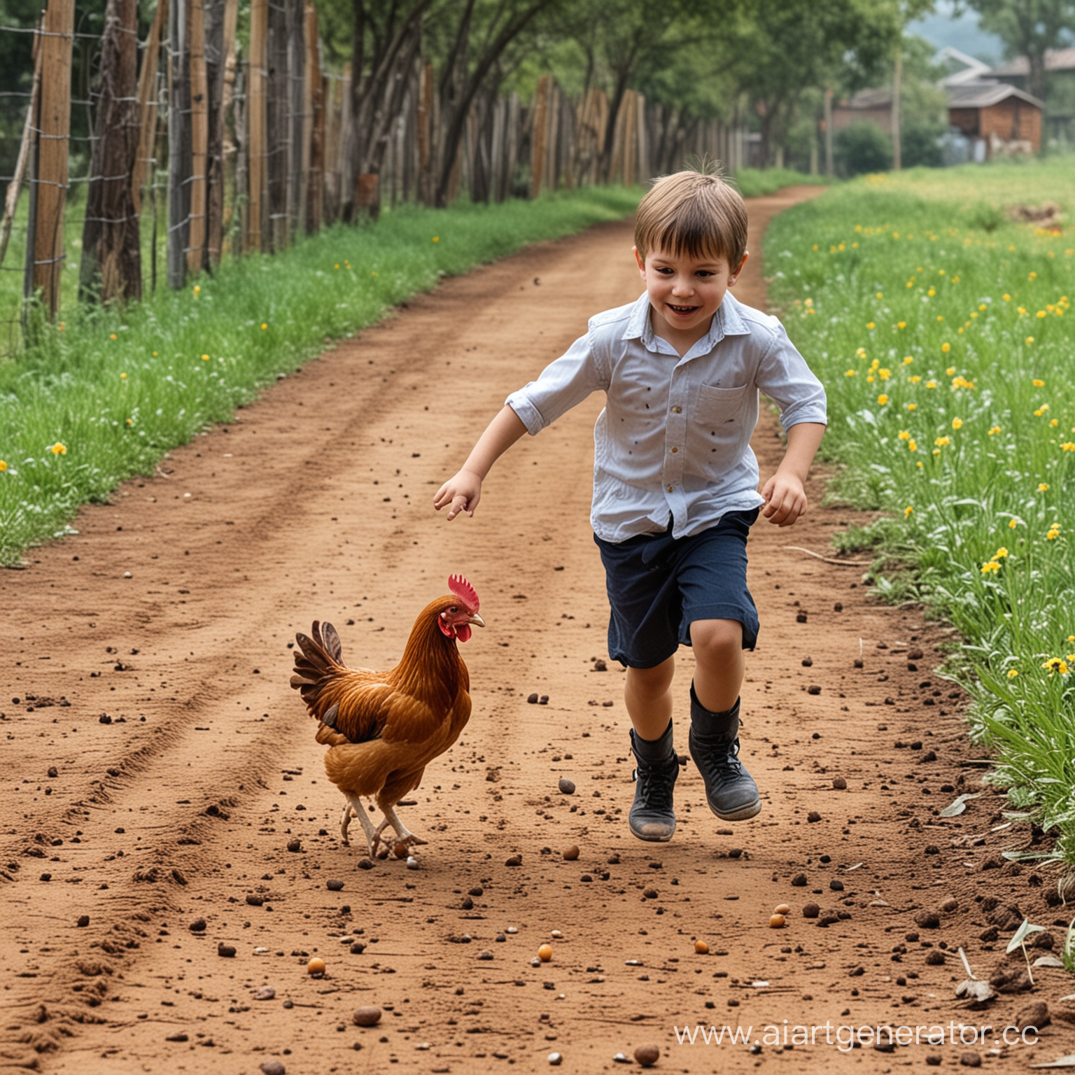 курица бежит за мальчиком