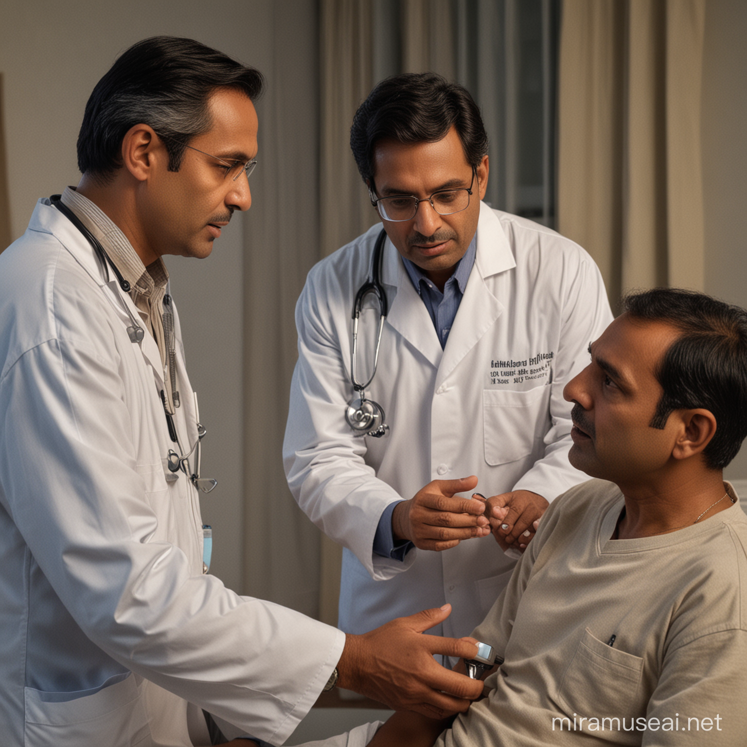 Doctor Consultation American Physician Advising Indian Father at Home at Night