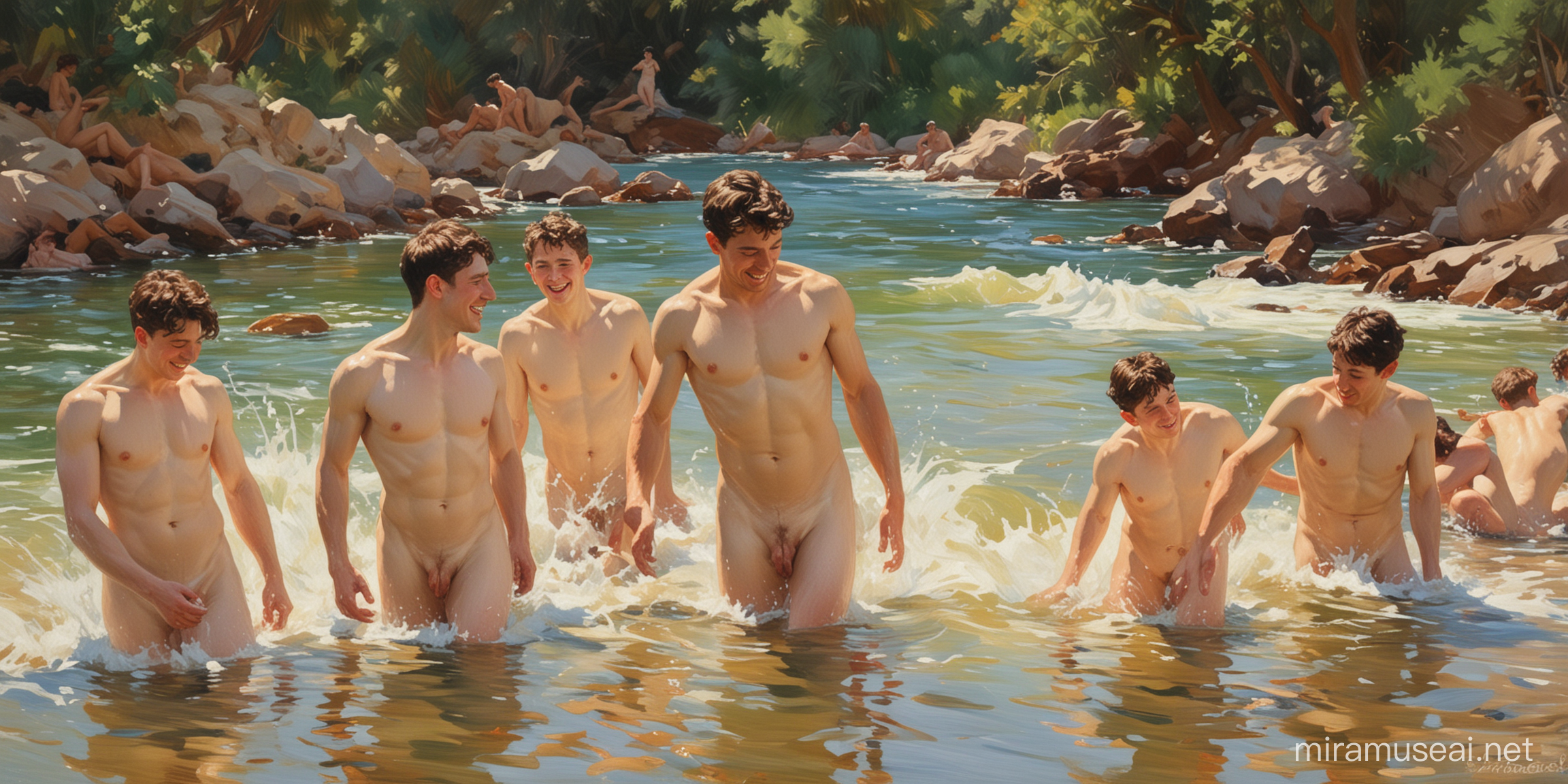 картина в стиле Хоакин Соролья ,река ,обнаженные девушки ,парни, купаются,брызги, смех, красивые молодые,парни.