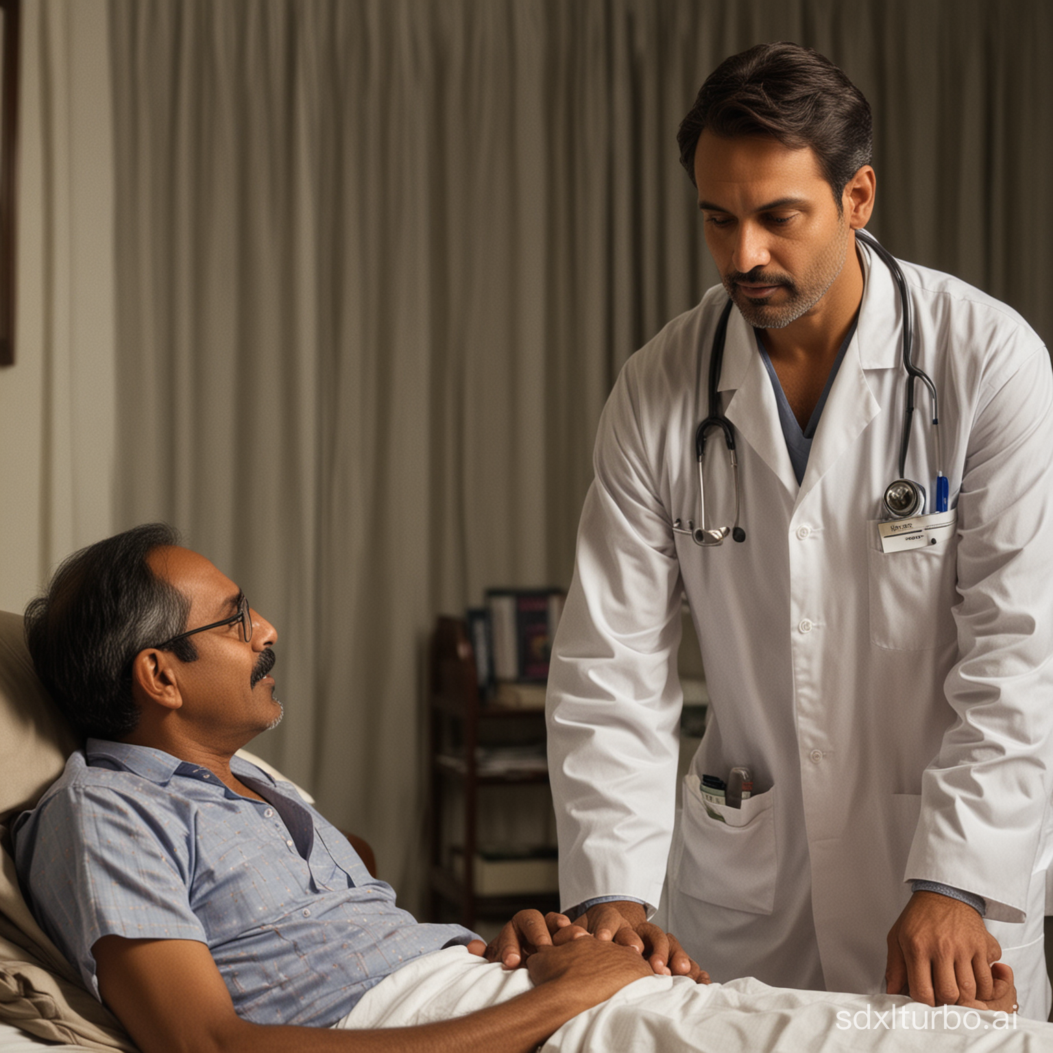 American doctor talking  to a indian father patient at home at night
